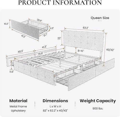 Miniatura 2 de SHA CERLIN - Marco de cama tapizado tamaño queen con plataforma, con 4 cajones de almacenamiento, cabecera ajustable con diseño de botones cosidos
