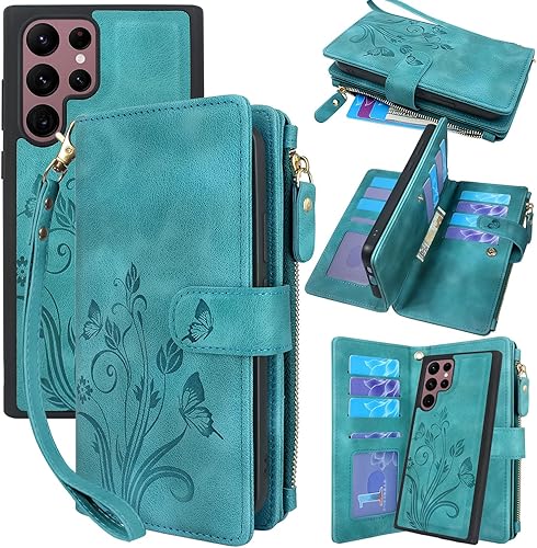 Miniatura 1 de Lacass Funda para Samsung Galaxy S22 Ultra 12 ranuras para tarjetas Soporte para efectivo de crédito de identificación, bolsillo con cremallera,