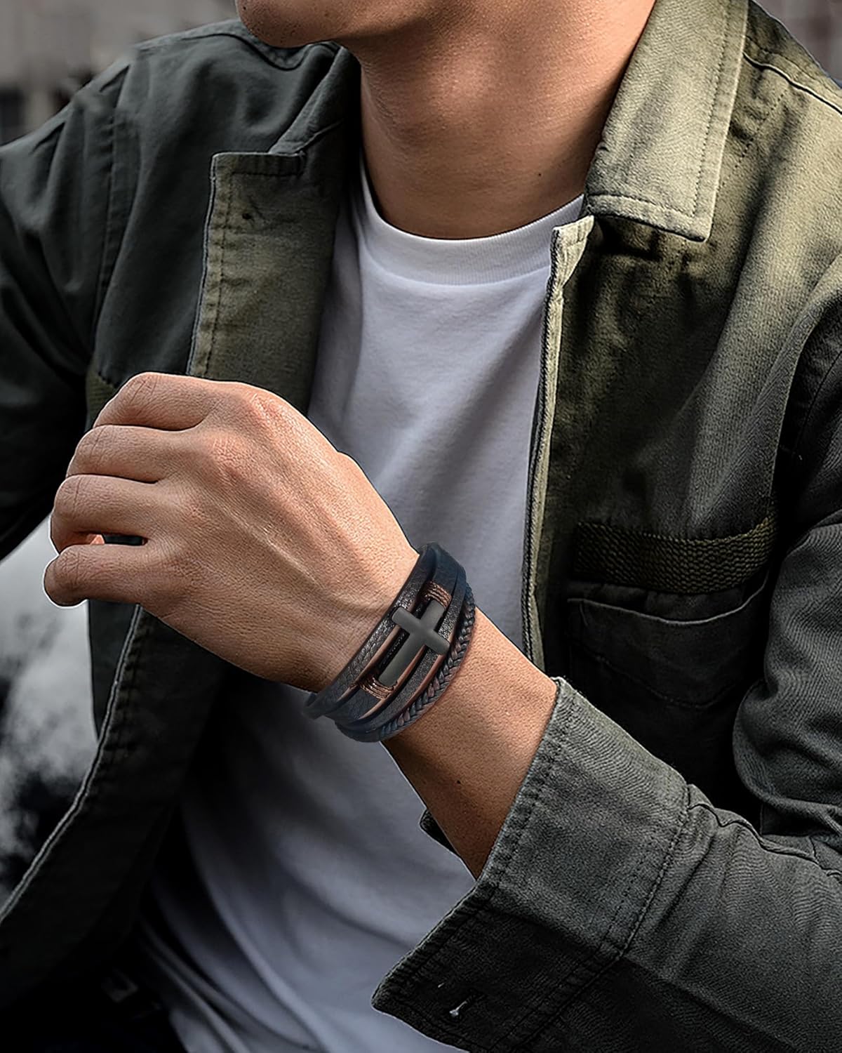 Men's Leather Cross Bracelet - Black or Brown Multi-Layer Braided Christian Religious Wristband Jewelry for Men, 8.3" & 9.1" Sizes - Image 4
