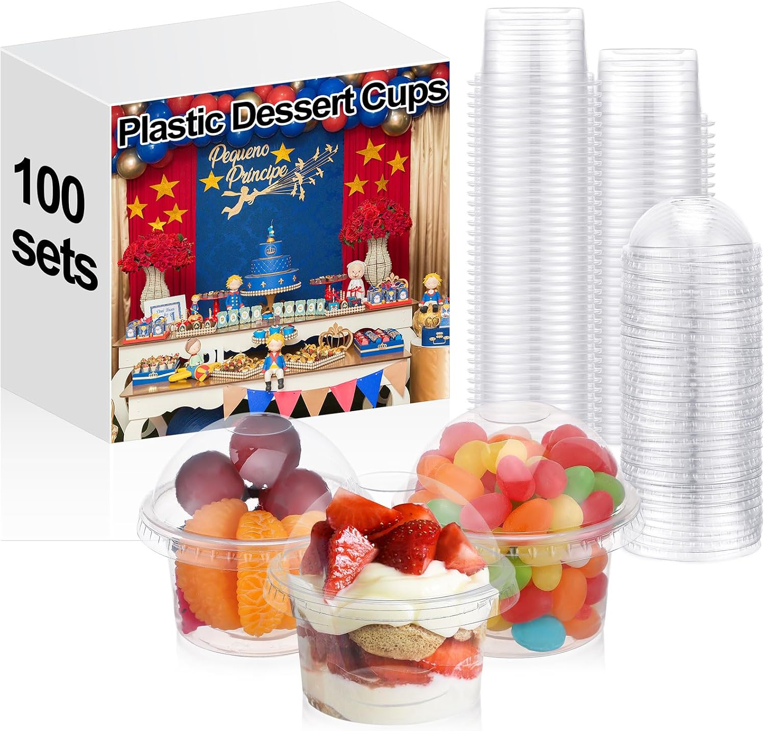 SiliFine 100 Sets Clear Plastic Cups for Ice Cream, 3.5 oz Dessert Fruit Cups with Dome Lids No Hole, Mini Sundae Tasting Bowls for Fruit Yogurt, Ice Cream, Pudding, Smoothie, Cupcake, Snack