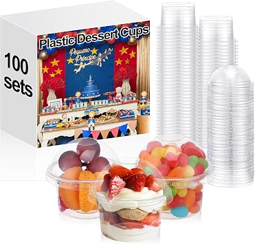 SiliFine 100 Sets Clear Plastic Cups for Ice Cream, 3.5 oz Dessert Fruit Cups with Dome Lids No Hole, Mini Sundae Tasting Bowls for Fruit Yogurt, Ice Cream, Pudding, Smoothie, Cupcake, Snack
