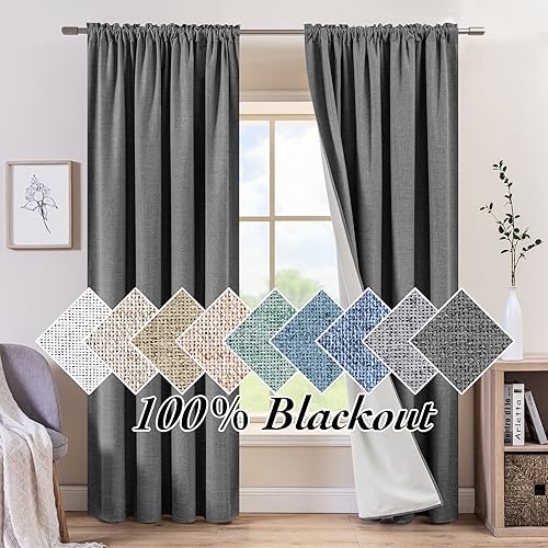 MIULEE Cortinas 100% opacas de 120 pulgadas de largo, juego de 2 paneles para dormitorio, sala de estar, privacidad, lino negro, aislamiento