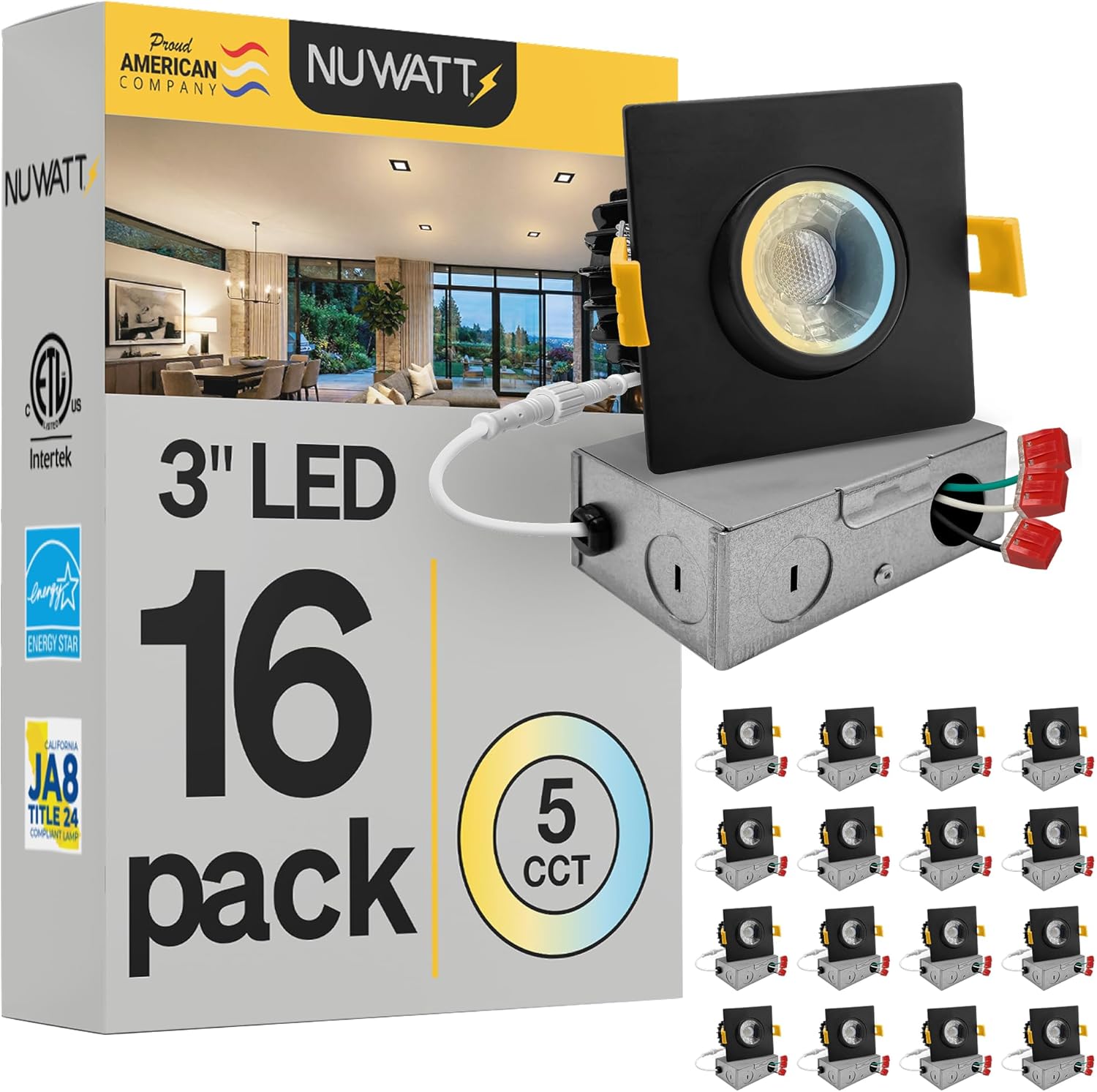 NUWATT 16 Pack 3 Inch LED Gimbal Recessed Lights Black Square, 5CCT 2700K/3000K/3500K/4000K/5000K Selectable 8W, 600 Lumens, IC Rated, Wet Rated, 120V, Dimmable, Canless Adjustable Recessed Lighting