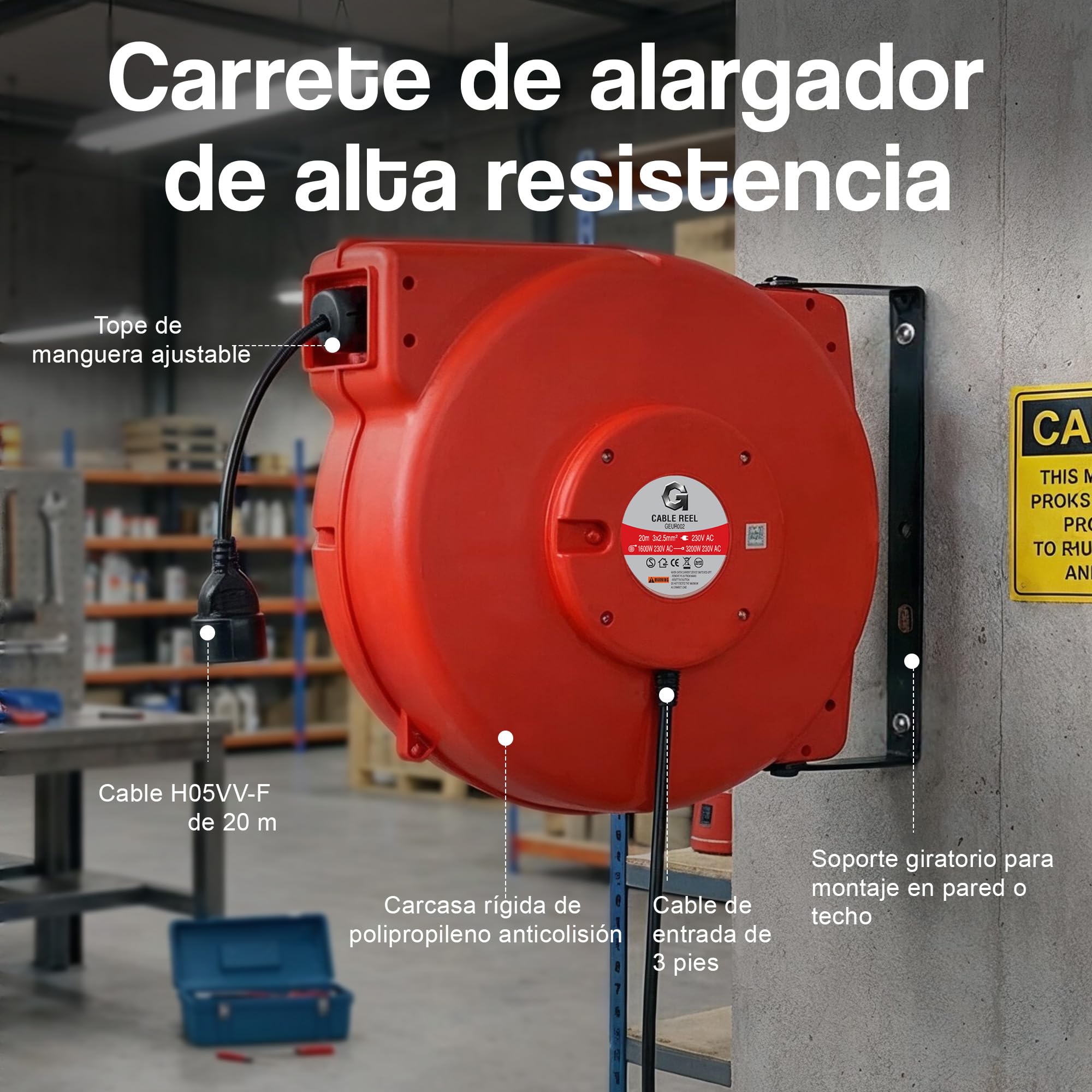 G Carrete de cable automático 20 m x 2,5 mm² - Enrollador retráctil con soporte de pared giratorio, 1600 W enrollado / 3200 W desenrollado