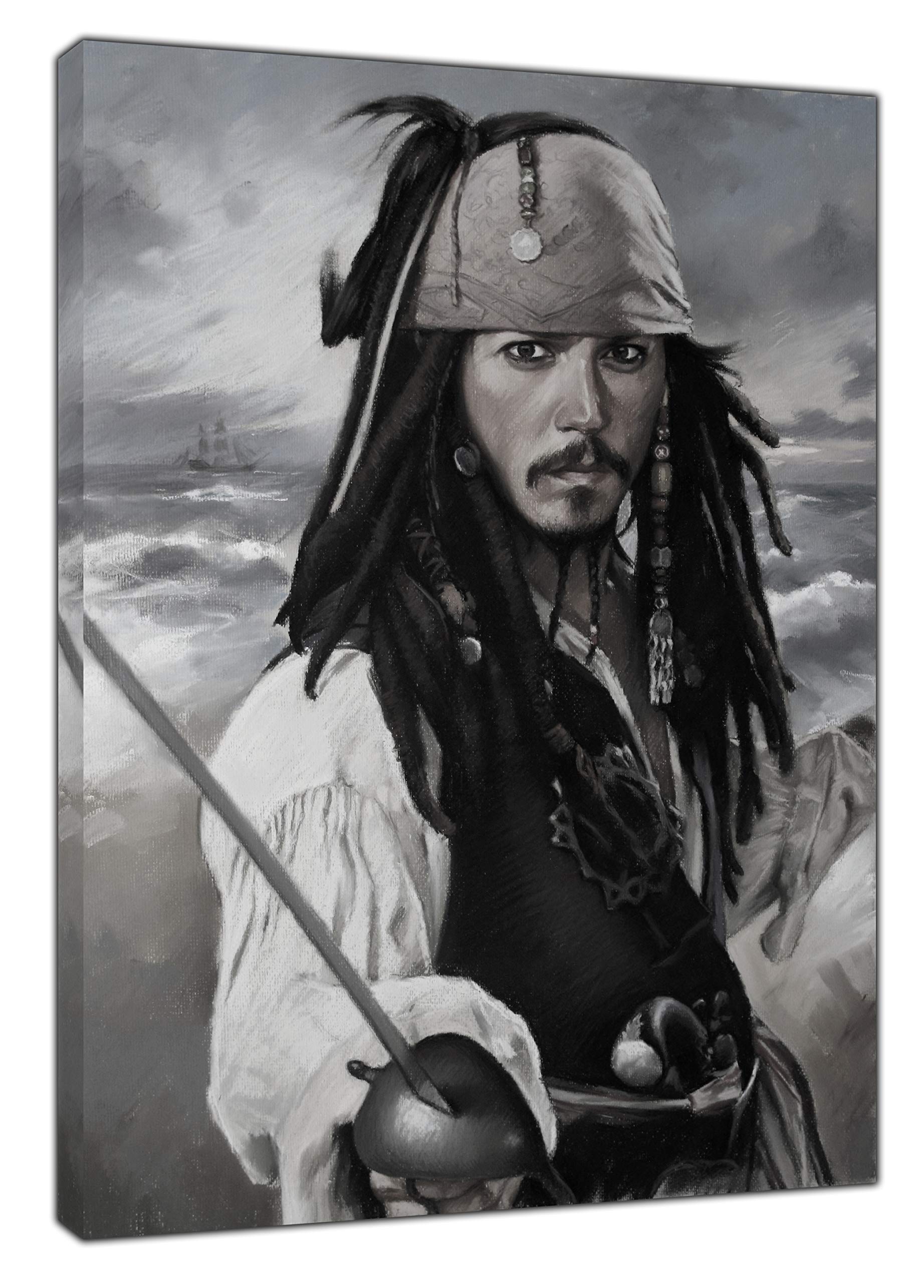 ARTSPRINTS JOHNNY DEPP PIRATES WITH CHARCOAL SOFT PASTEL PAINT PRINT ON FRAMED CANVAS 12x 8inch -18mm depth