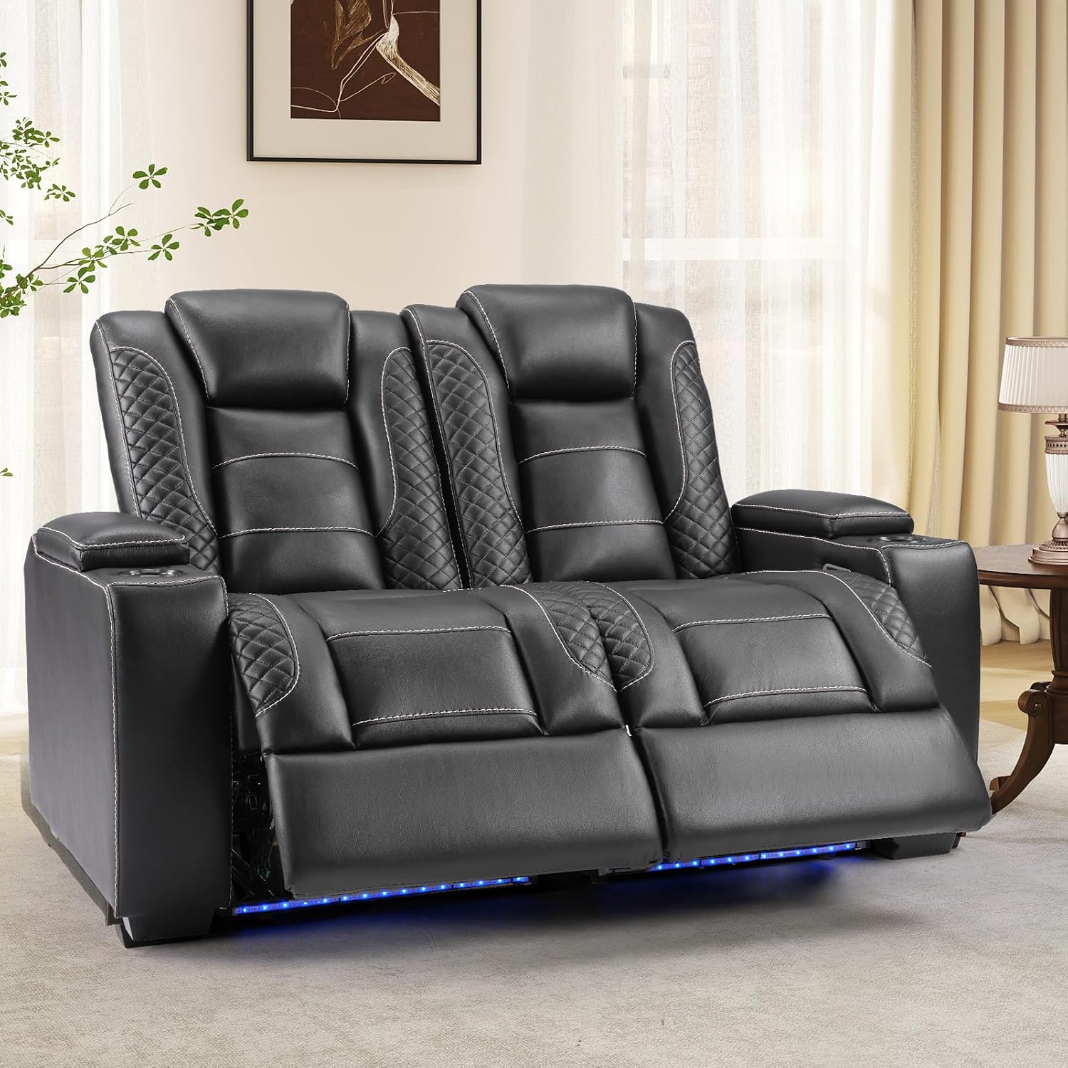 ANJ Power Reclining Loveseat, 2-Seater Electric Recliner Sofa with LED Lights, USB Charging & Cup Holders, Faux Leather Living Room Furniture for Home Theater, Small Spaces & RV (Black)