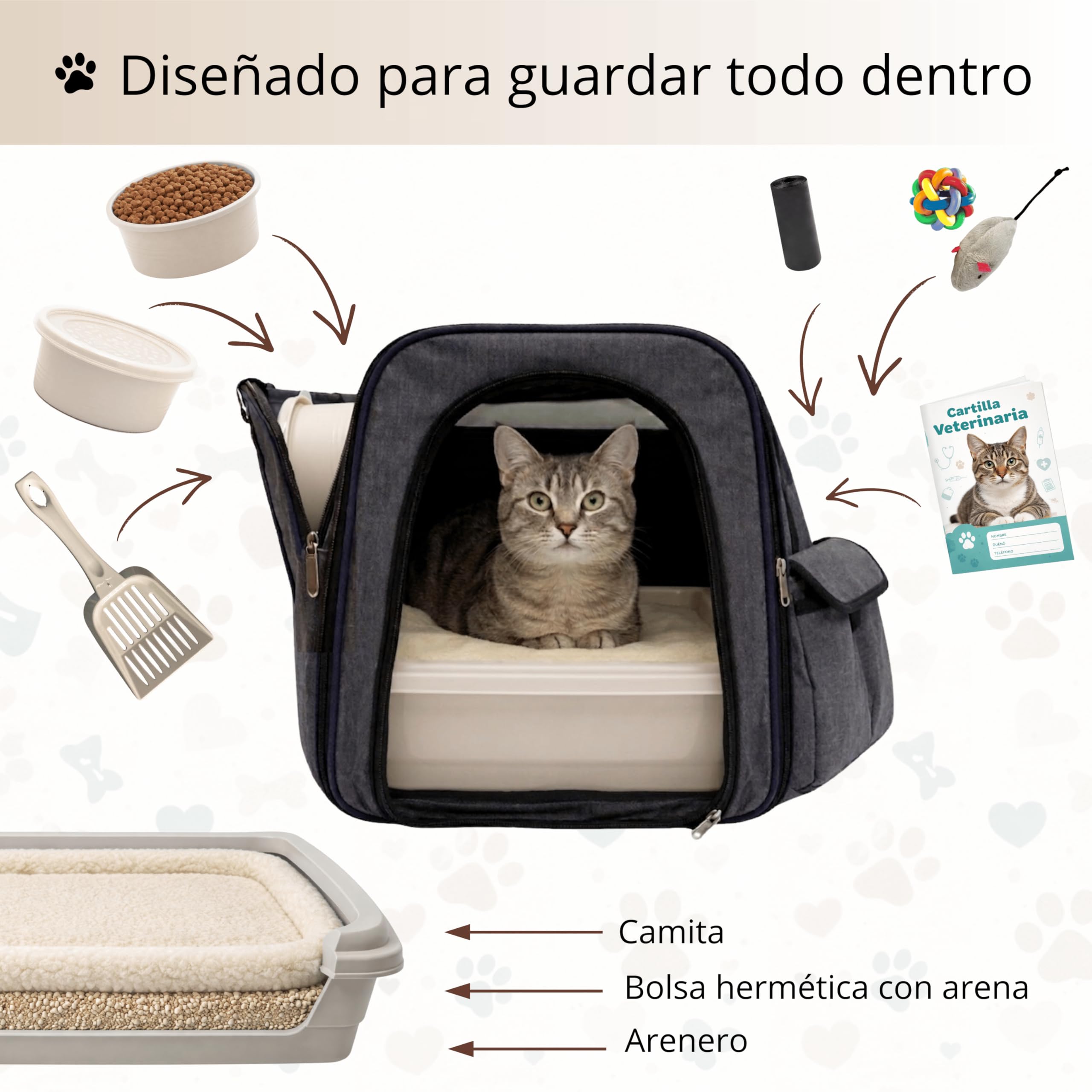 Kit Completo Gatos Accesorios: transportin Gato Grande y arenero Gatos, comedero, Bebedero, camita y Pala - Ideal en Viajes, Coche, Vacaciones y Bienvenida al hogar (Marrón Claro)