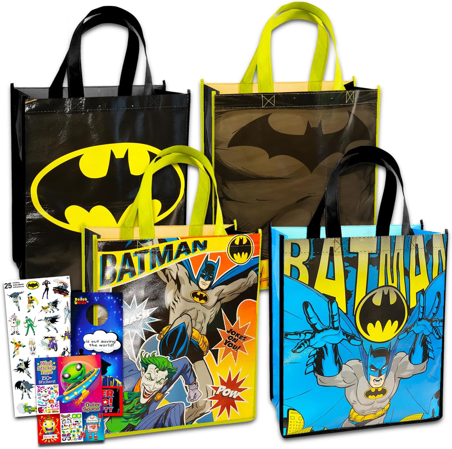 Batman Reusable Tote Bag - Superhero Tote Bag Bundle Includes 4 Batman Tote Bags, Create-A-Face Sticker Book, More | Batman Party Favors for Kids