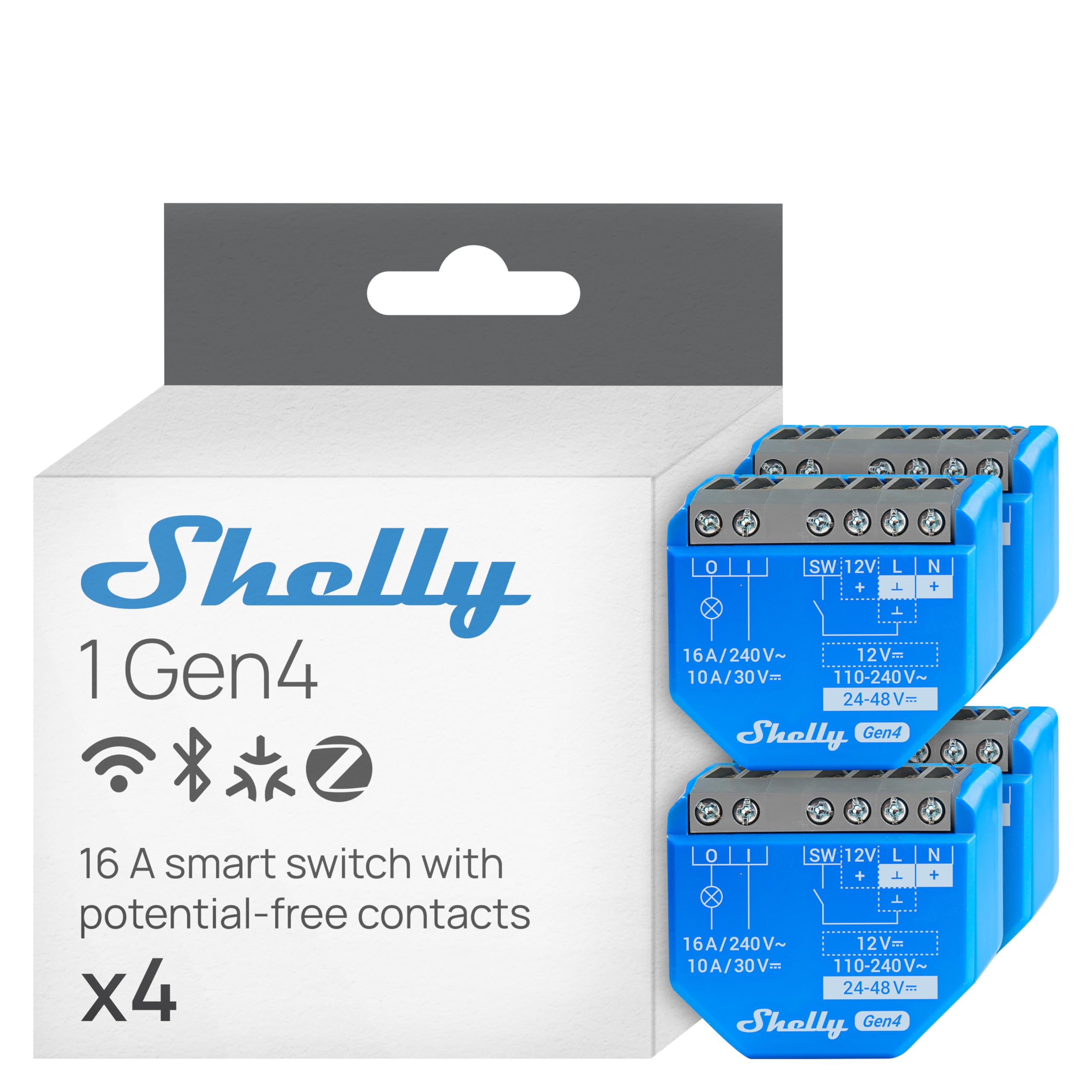 Shelly Shelly 1 Gen4 - Module interrupteur Matter, Zigbee, Wi-Fi, 1 Canal 16A, Contacts secs, Ouvre-porte de garage connecté, Contrôle app, Alexa, Google, SmartThings, Apple Homekit - Lot de4