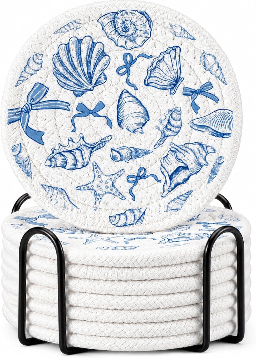 8 Pcs Nautical Coasters with Metal Holder,Cotton Rope Woven Ocean Coaster,Seashell Starfish Coaster Last Toast on the Coast Coastal Bachelorette Party Decor, Beach Bridal Shower Gift