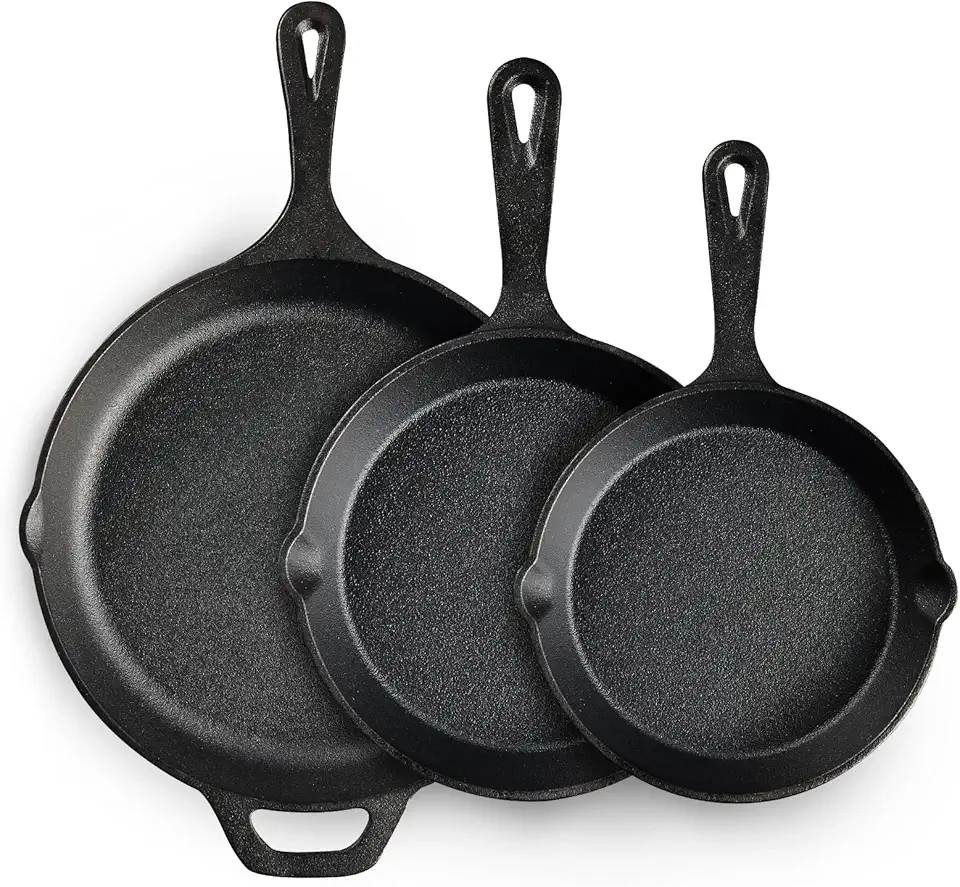 EWFEN Cast Iron Skillet 3-Piece Set, Heavy-Duty Professional Restaurant Chef Quality Pre-Seasoned Pan Cookware Set, 6", 8", 10" Pans For Frying, Saute, Cooking, Use Indoor/Outdoor, Oven