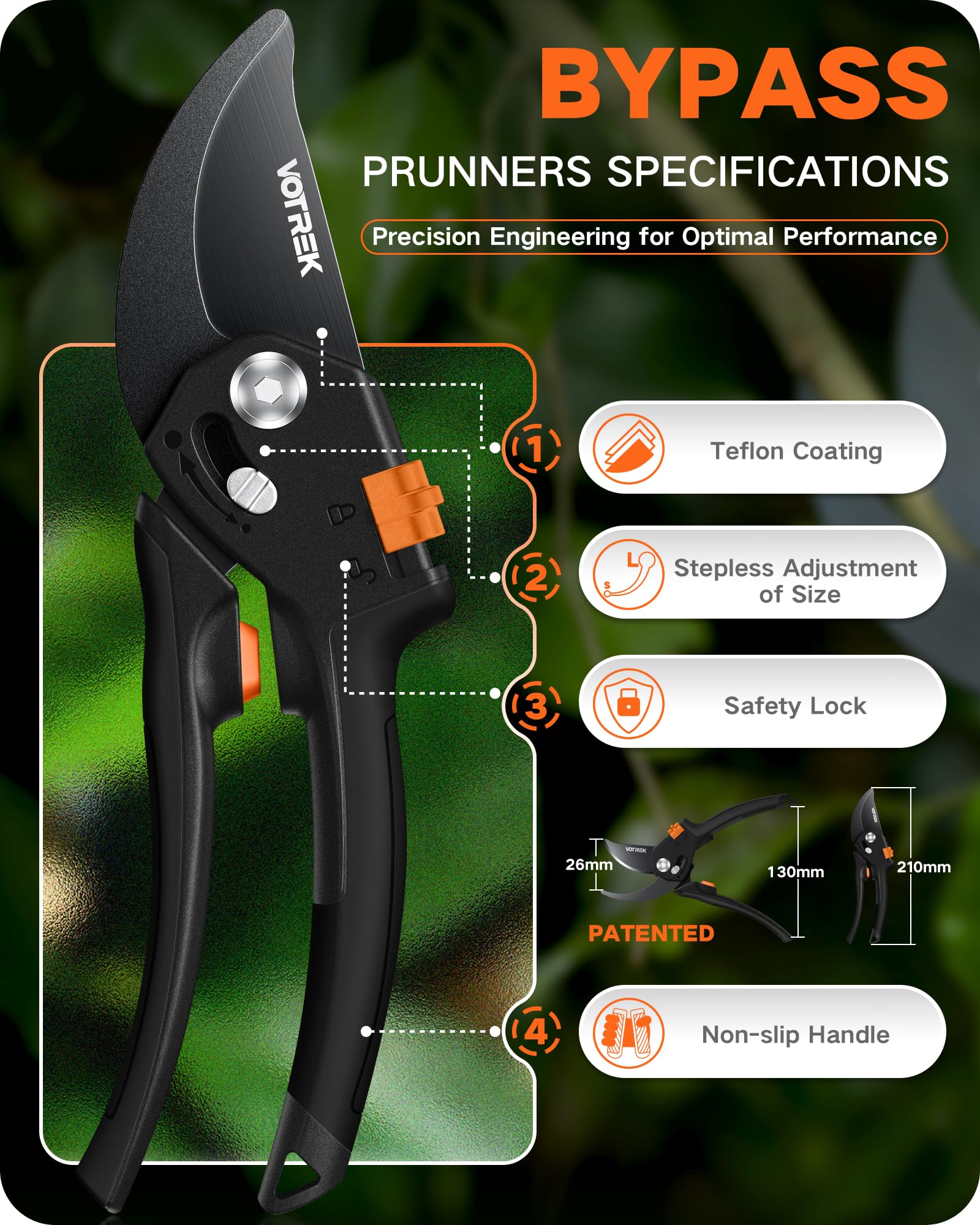 VOTREK Bypass Secateurs for Small Hands with Continuously Adjustable Grip - Image 8