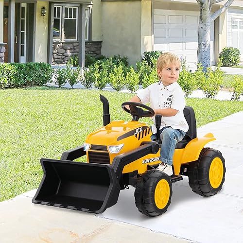 Miniatura 8 de HONEY JOY Excavadora de montar, excavadora con ruedas de 12 V con batería para niños, con cubo de excavación ajustable, faros, música, bocina,