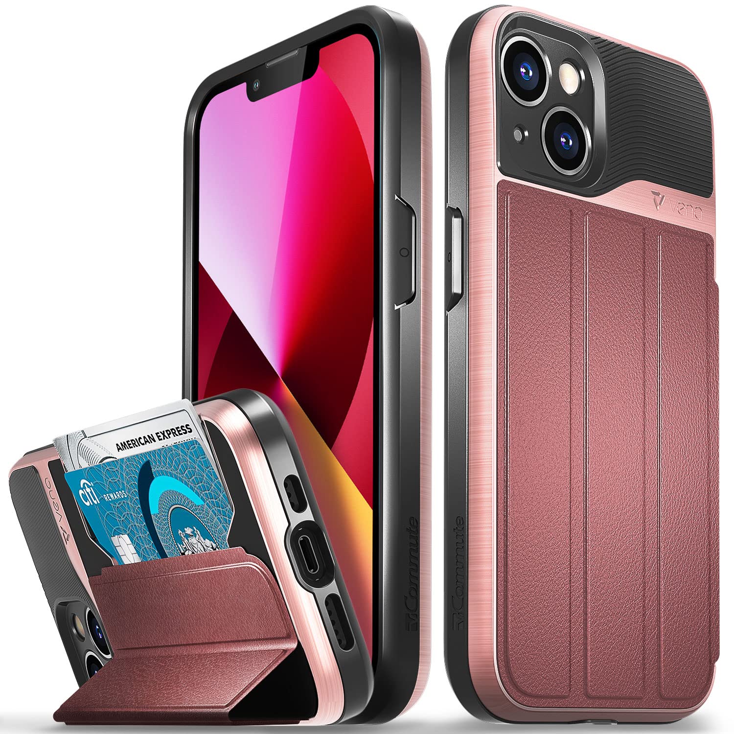VENAWallet Case Compatible with Apple iPhone 13 (6.1"-inch), vCommute (Military Grade Drop Protection) Flip Leather Cover Card Slot Holder with Kickstand (Rose Gold)