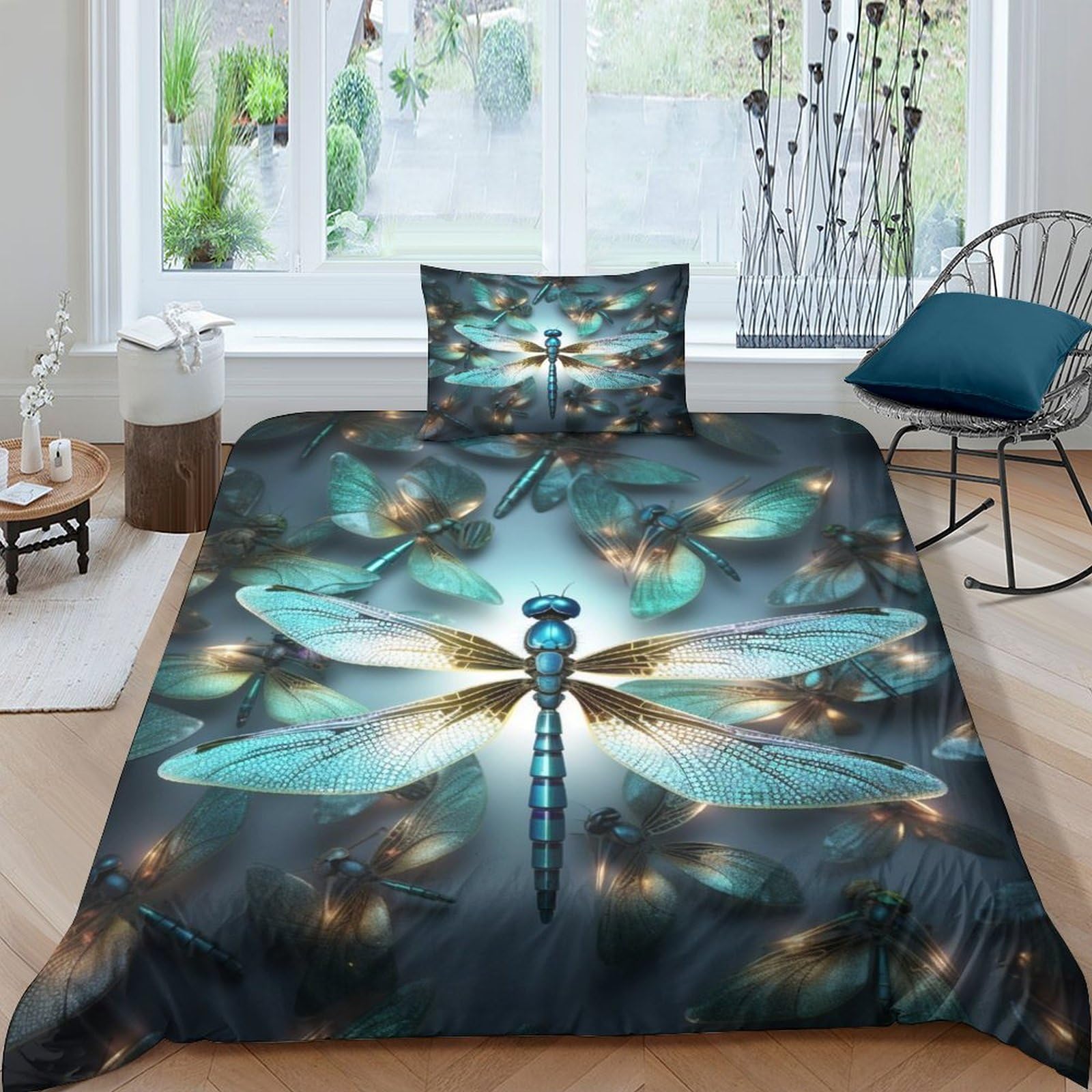 Geeyou Dragonflies Warmth To Sleep Duvet Cover Set Hidden Zipper Insects Quilt Cover Set With Pillowcases Bedding Set Soft Microfiber Comforter Cover Various Sizes Single（135X200cm）