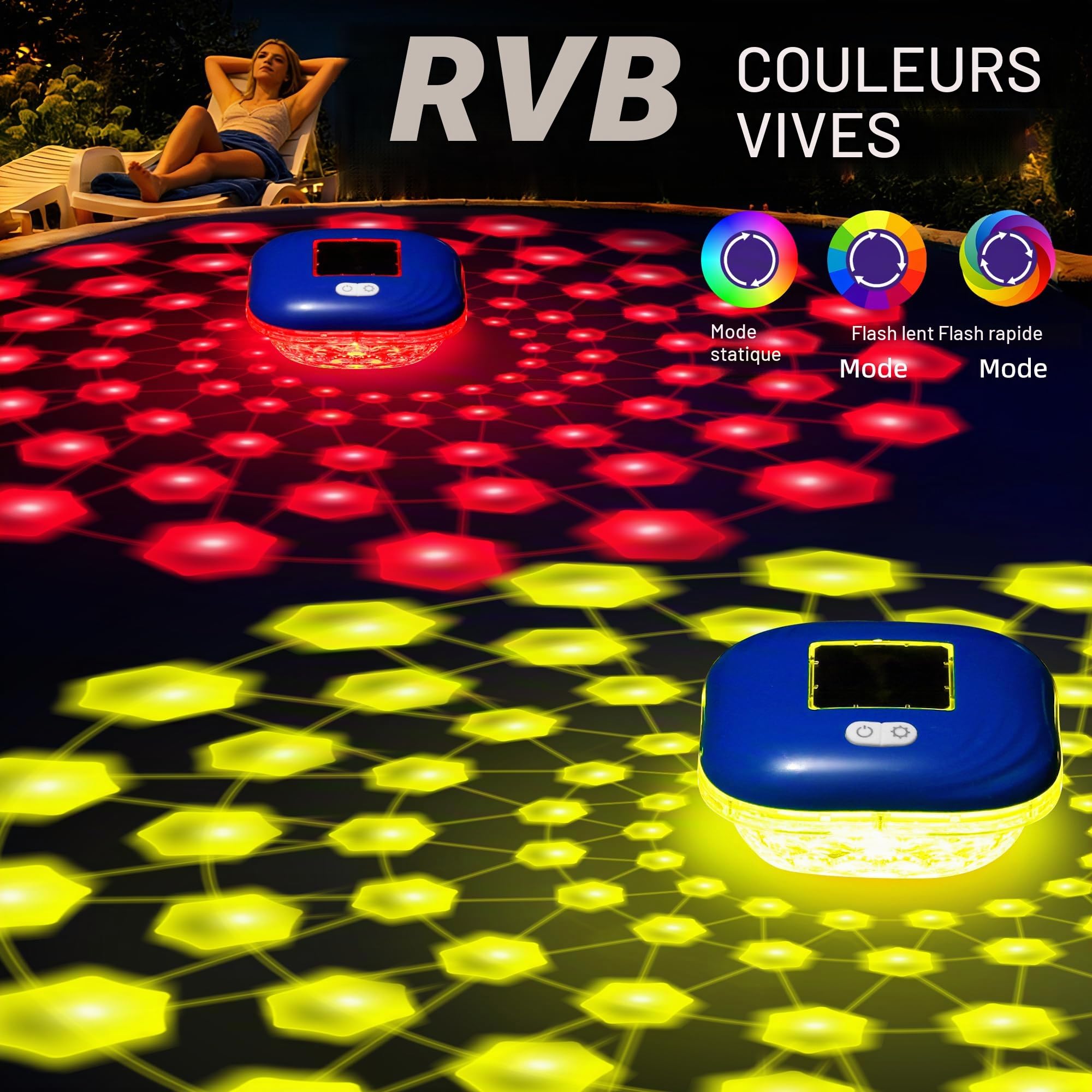 Luxfero Lampe Piscine Flottante Solaire, Lumiere Piscine avec 9 LED Spectacles Changeantes, Étanche IP68 Lumiere Piscine, Contrôle par touches, Éclairage Piscine Extérieure pour Étang Jardin -2 Pièces