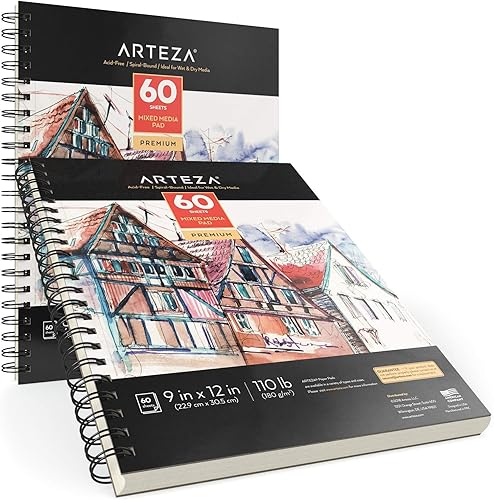 Miniatura 6 de ARTEZA Cuaderno de bocetos de medios mixtos, 9 x 12 pulgadas, paquete de 2, 60 hojas encuadernadas en espiral, papel sin ácidos de 110 libras para