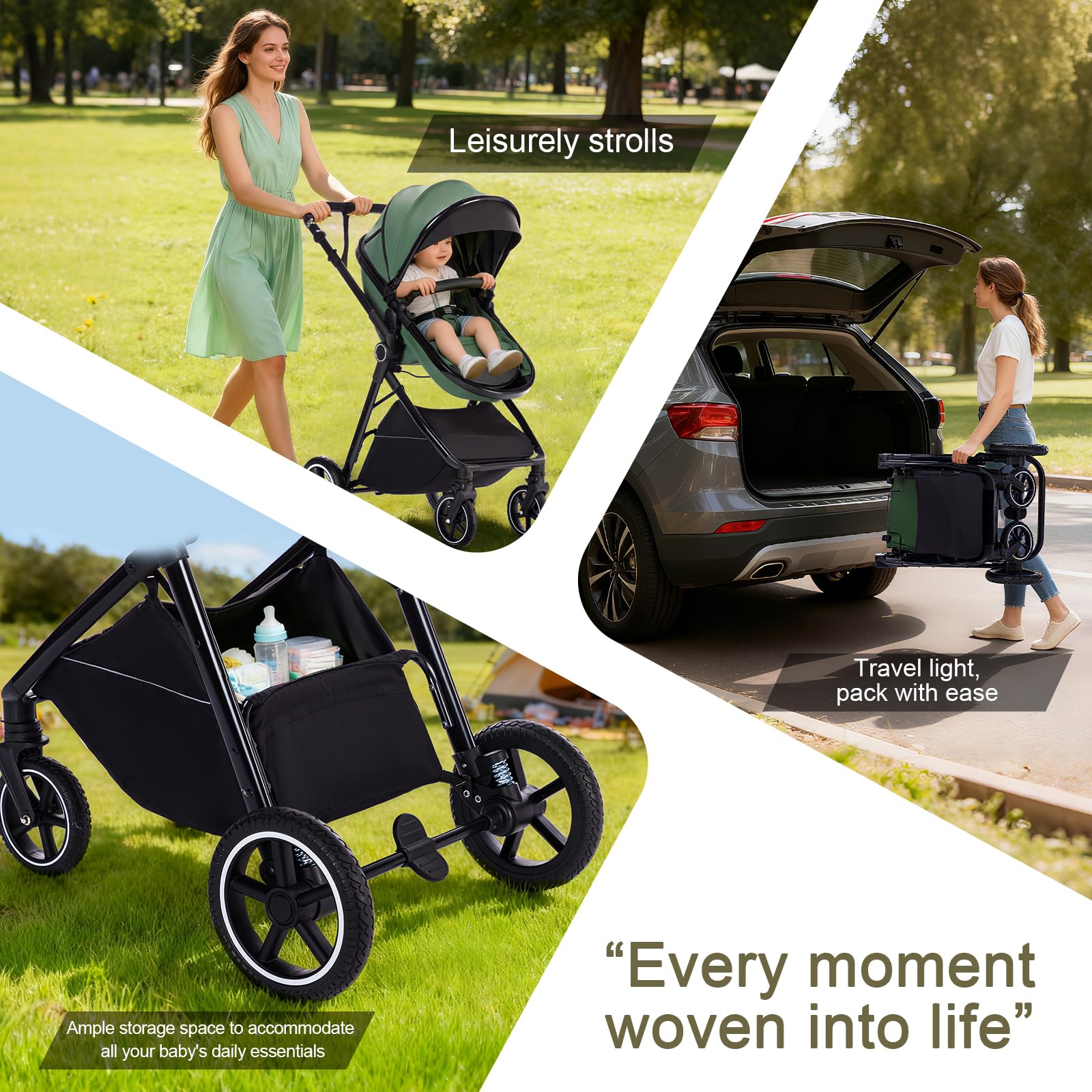 Zkiprm Carrito de Bebe 3 en 1, Conjunto Plegable Portátil con un solo Toque Carrito Bebe, Con Asiento y Reclinable Silla de Paseo, Incluye mosquitera, funda para la lluvia, portavasos, bolsa,0 a 3 año