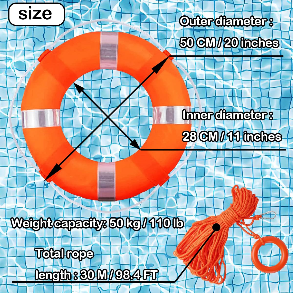 Anello salvagente lanciabile da 50,8 cm con corda di salvataggio galleggiante da 20 m, dispositivo di galleggiamento di emergenza per barca, piscina, lago e spiaggia, boa in schiuma con kit di linea