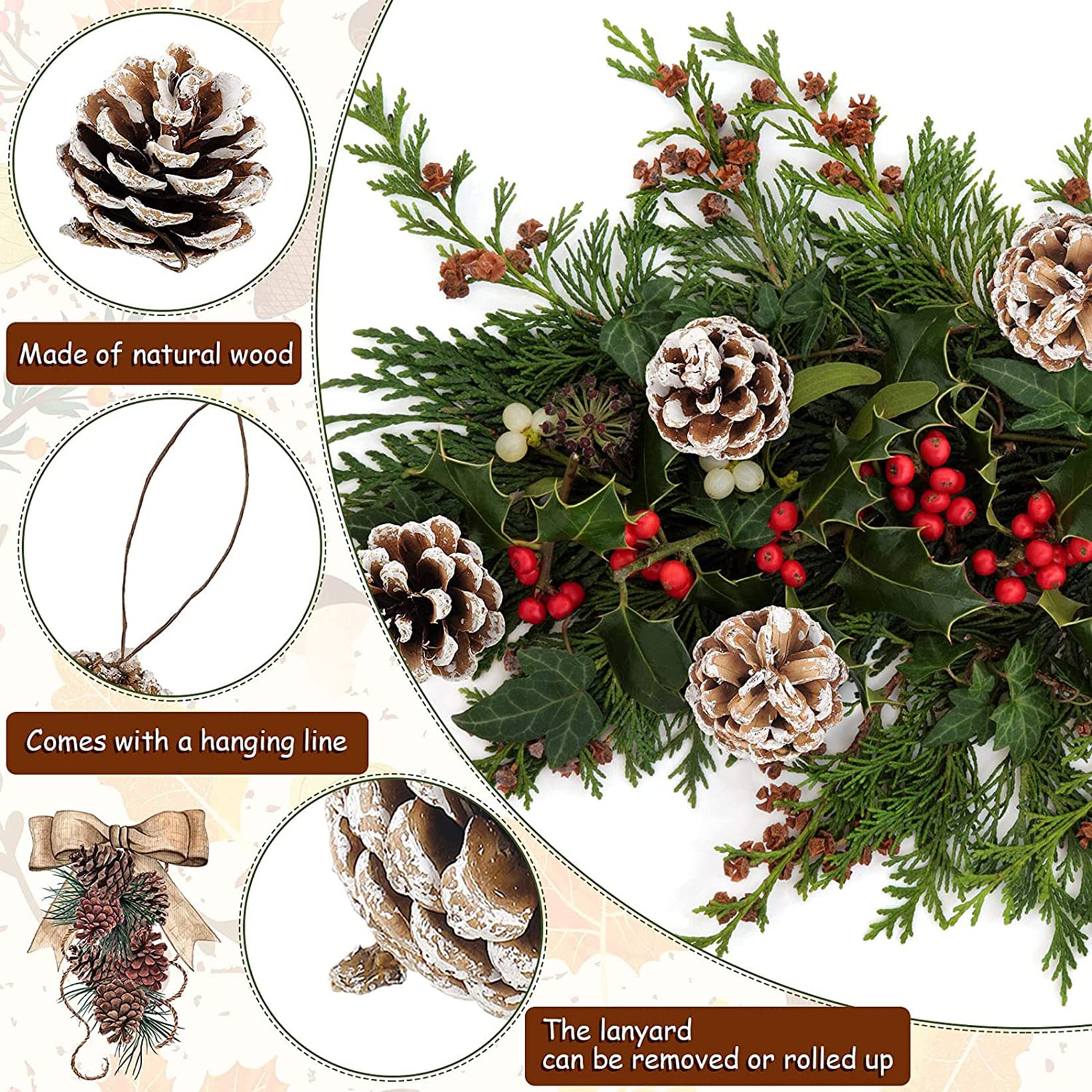 POTWPOT 20Pcs Snow Pine Cones Large Pine Cones with String for Craft Winter Holiday Hanging Ornament Home Decorations (5-6cm) - Image 3