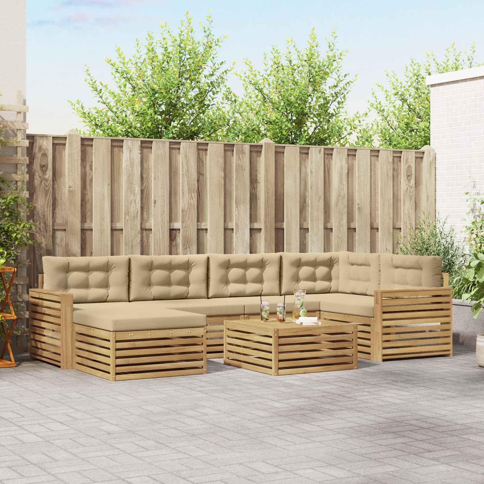 Gartenmöbelset 7-TLG. aus massivem Akazienholz wetterfestes Design für Terrasse Balkon und Garten komfortable Sitzgruppe mit Tisch, Sofas, Stühlen und Kissen für gesellige Außenmomente