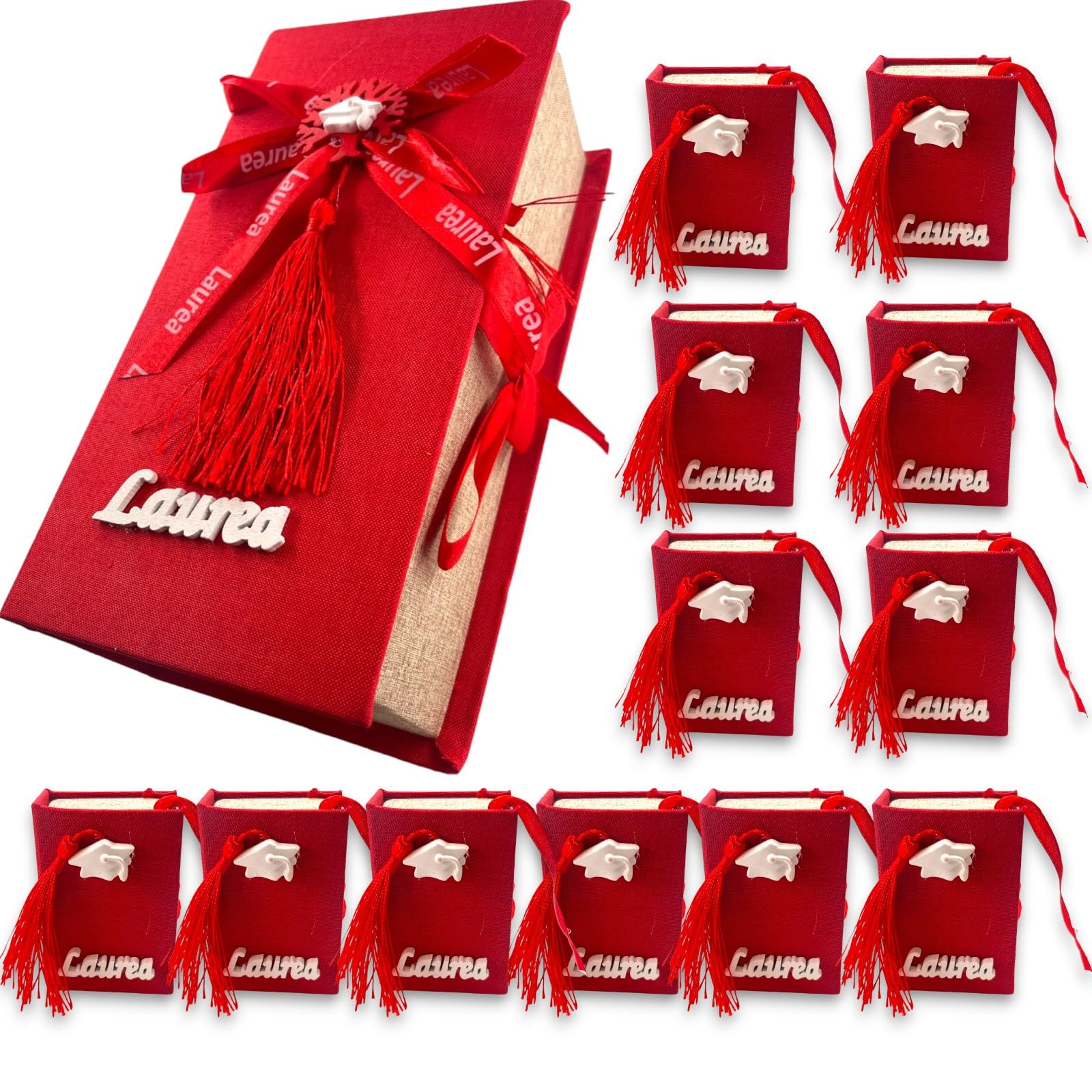 Scatola Box Libro Ricordo Laurea in Tela Rossa Decorazioni Bianche con 12 Scatoline Portaconfetti Idea Regalo Pary Cerimonia Festa