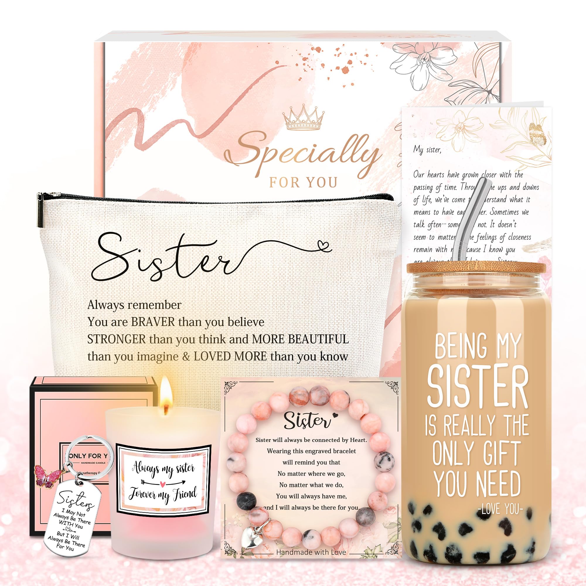 Sister Gifts from Sisters Birthday Gifts for Sisters Adult Best Sister Ever Gift Ideas for Women Cool Presents Set with Funny Glass Cup, Unique Makeup