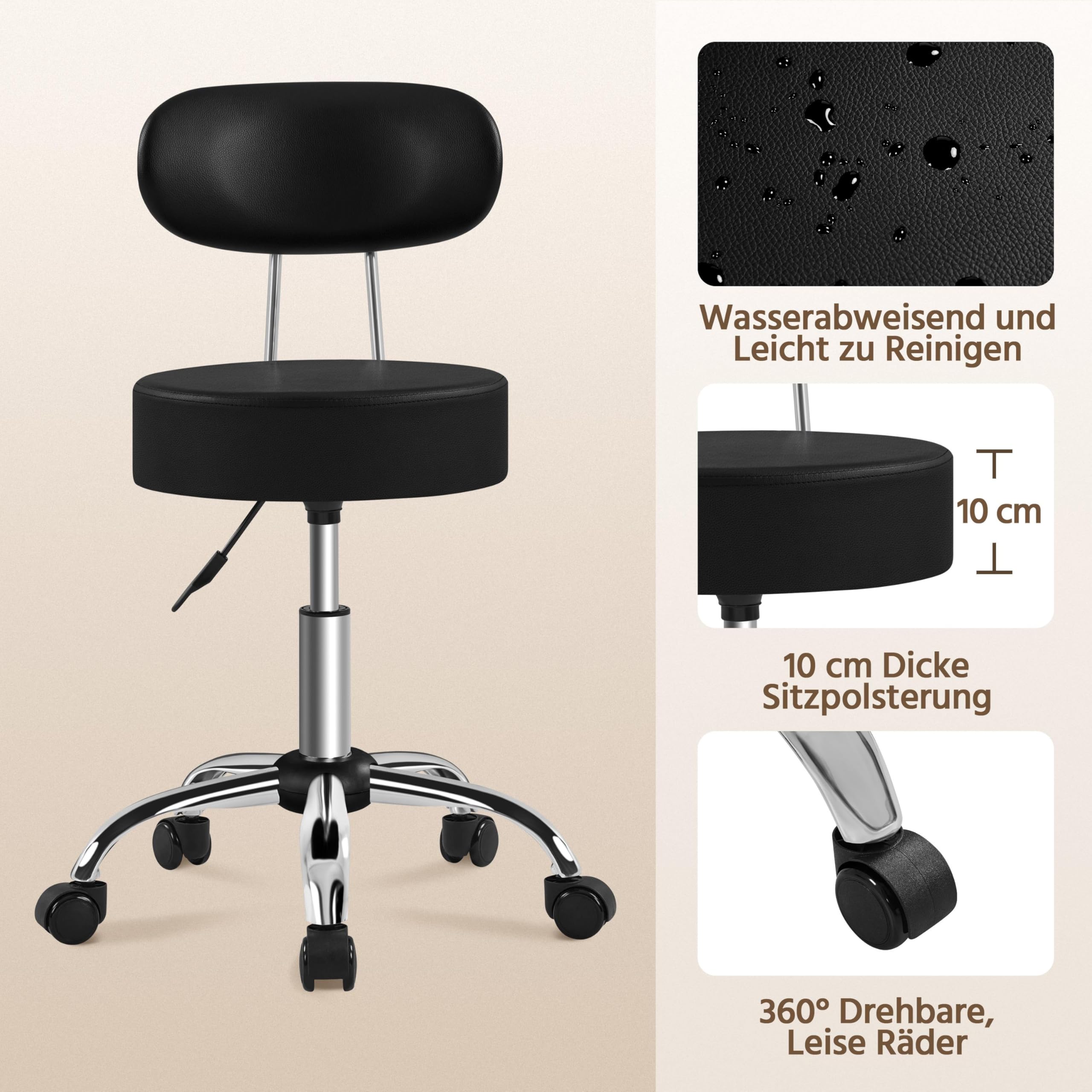 Yaheetech Rollhocker Arbeitshocker mit Rückenlehne Höhenverstellbarer 75.5-85cm,Drehhocker mit Rollen,Abnehmbare Rückenlehne,10 cm Dicke Polsterung,Schwarz