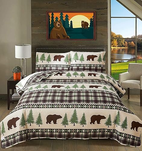 Miniatura 10 de Juego de edredón rústico tamaño Queen  Matrimonial, juego de ropa de cama de cabaña de alce y oso, colcha cosida, juego de cama estampado de vida