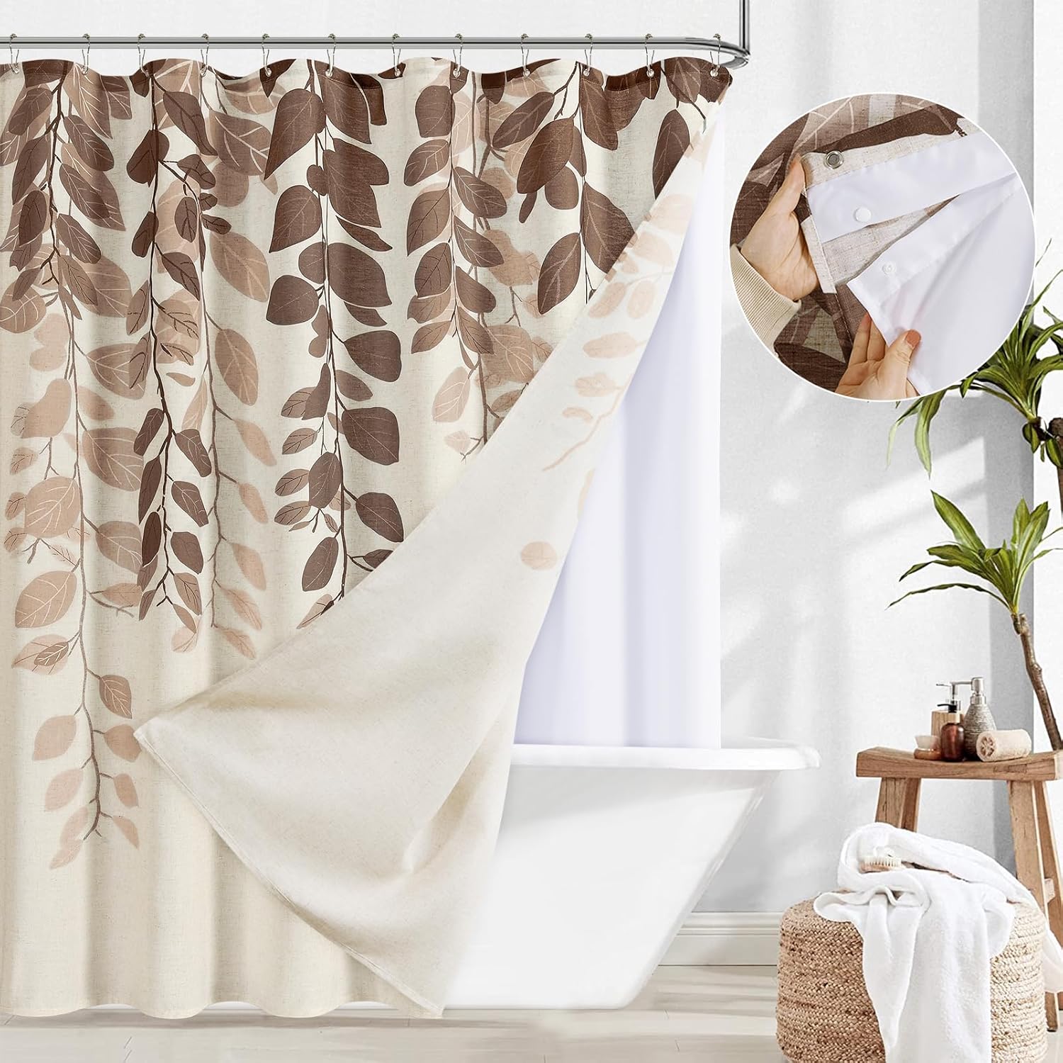 84 Inch Shower Curtain with Liner Set Brown Linen Warm
