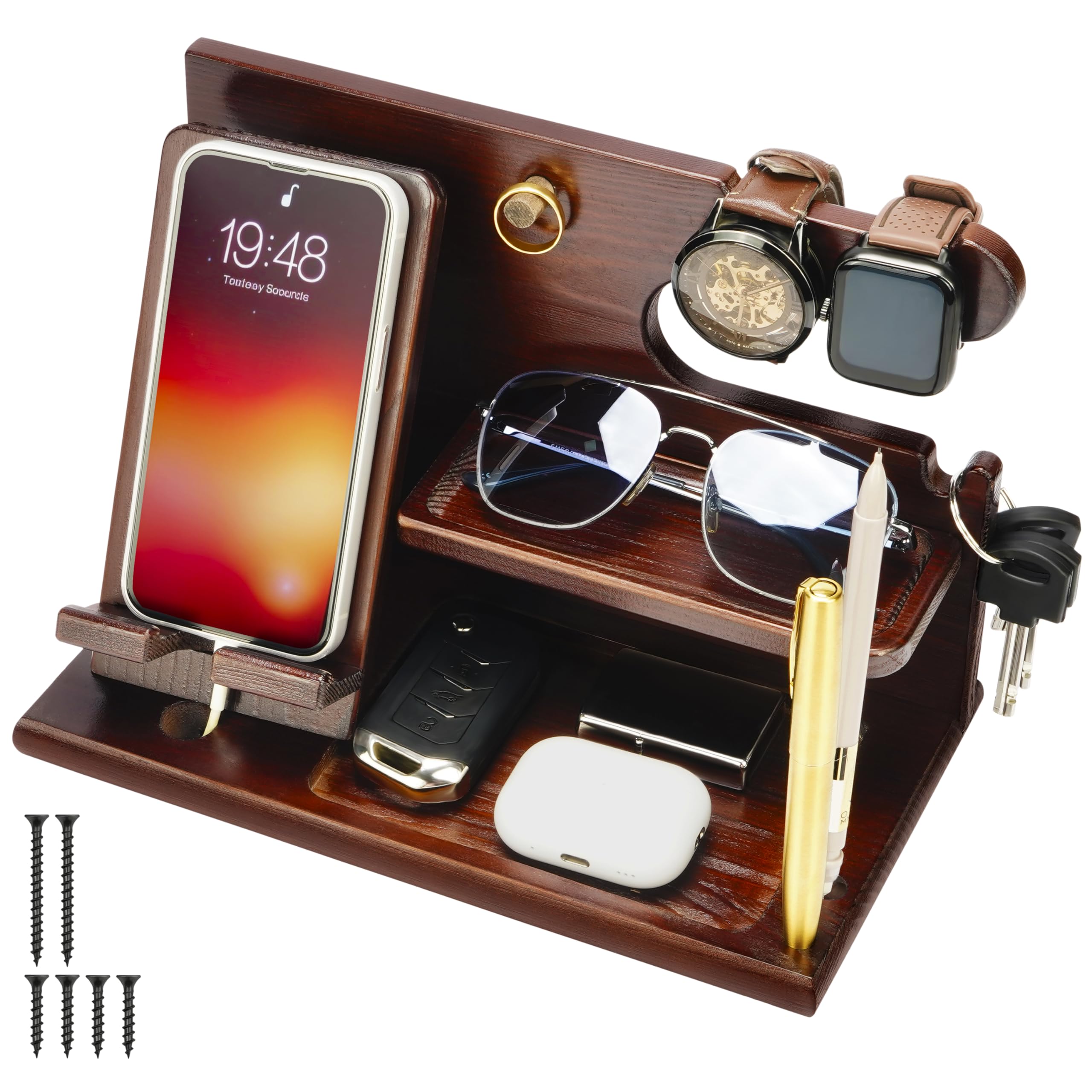 Belle Vous Support Telephone en Bois Marron Foncé - Table de Nuit et Table de Chevet - Vide Poche pour Portefeuille, Montre, Clés et Gadgets - Cadeau Anniversaire Homme, Père