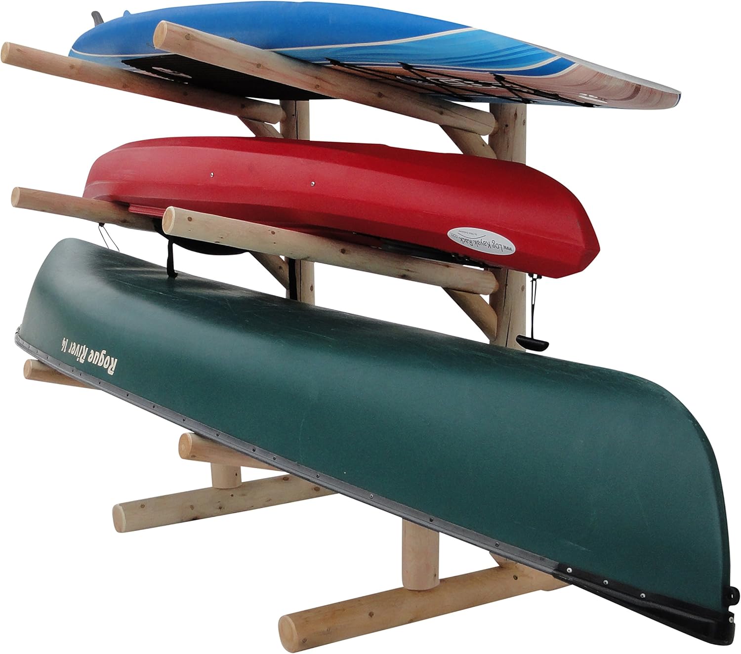 3-Place Low Freestanding Rack, Holds 2 Canoes + 1 Kayak/SUP/Surfboard, Garage or Outdoor Storage – Natural