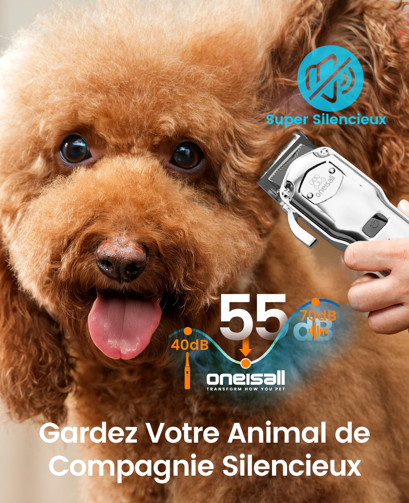 Oneisall Tondeuse pour Chien Silencieuse avec Peignes de Guidage en Métal, Tondeuse Chien Professionnelle sans Fil, Hautes Performances pour Poils Épais/Frisés/Fins/Longs/Ondulés (Argent)