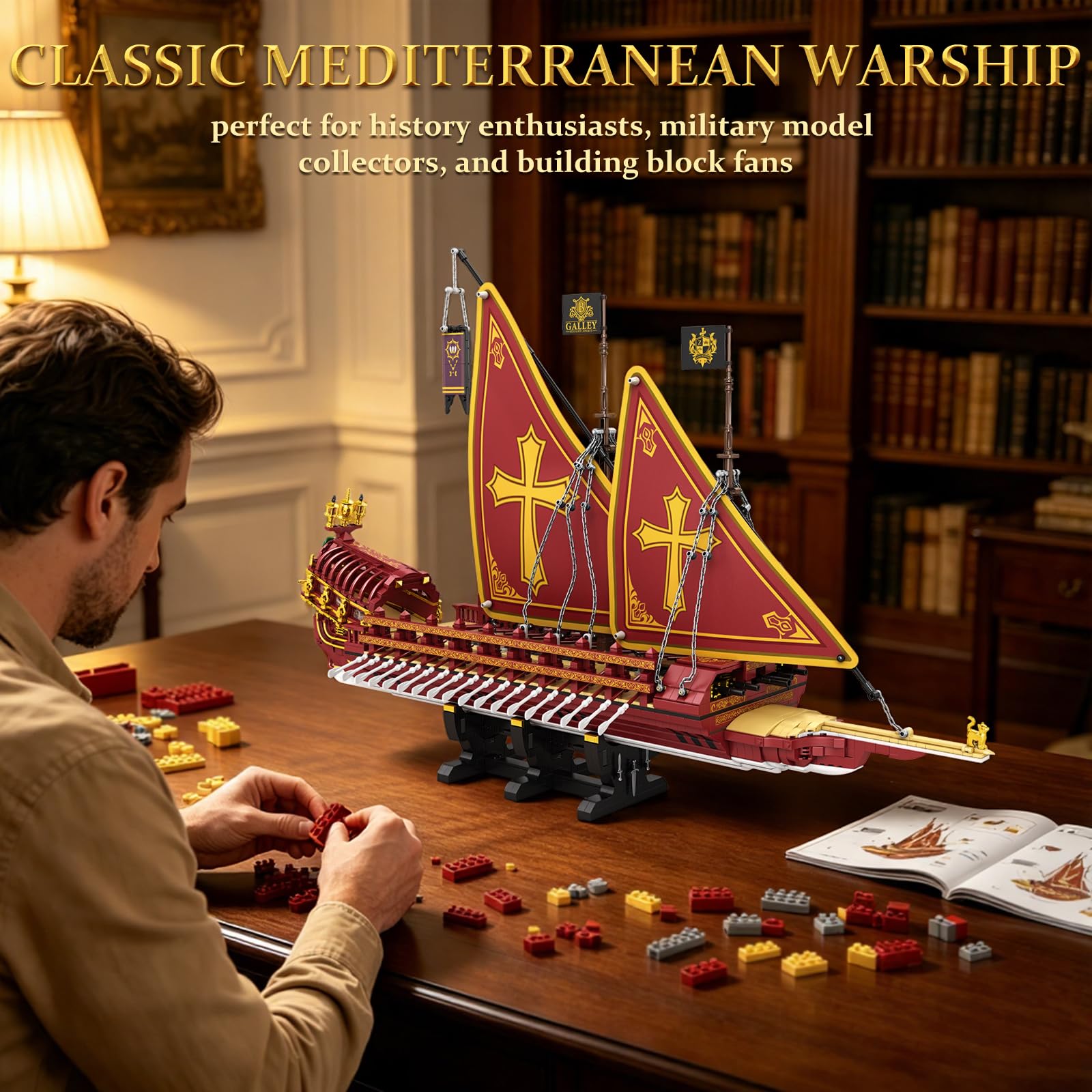 Reobrix Galley - Set di mattoncini da costruzione, modello di nave da guerra | Galeeren - Modellino di barca a vela per adulti, 3387 pezzi, 85 x 37 x 55 cm, set di mattoncini da costruzione