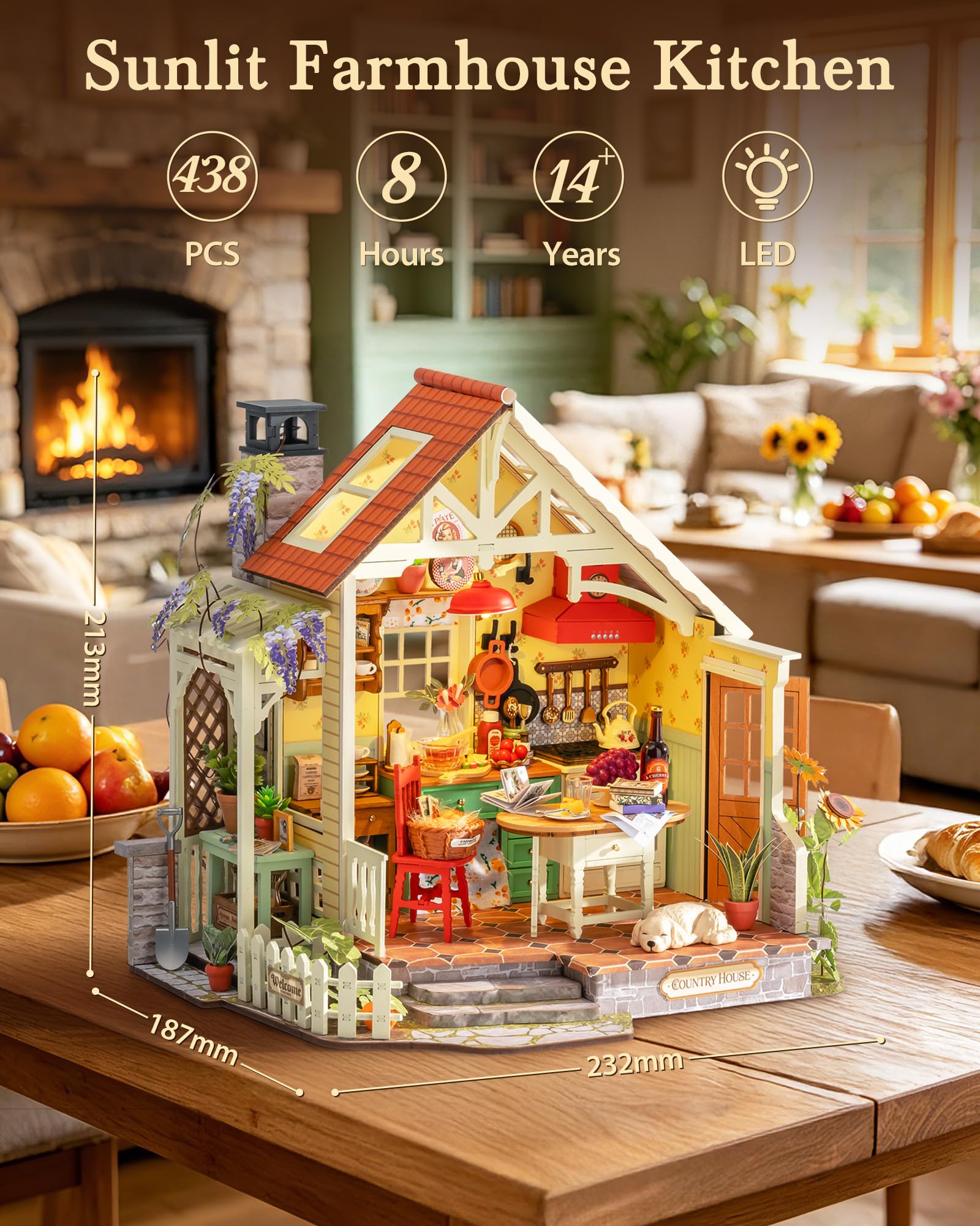 Rolife Miniature Maison de Poupée pour Adultes, Cuisine de Ferme Ensoleillée, Maison Miniature en Bois Style Cottage, Maquette avec Lumières LED, Loisir Créatif Relaxant, Cadeau Noël Femme