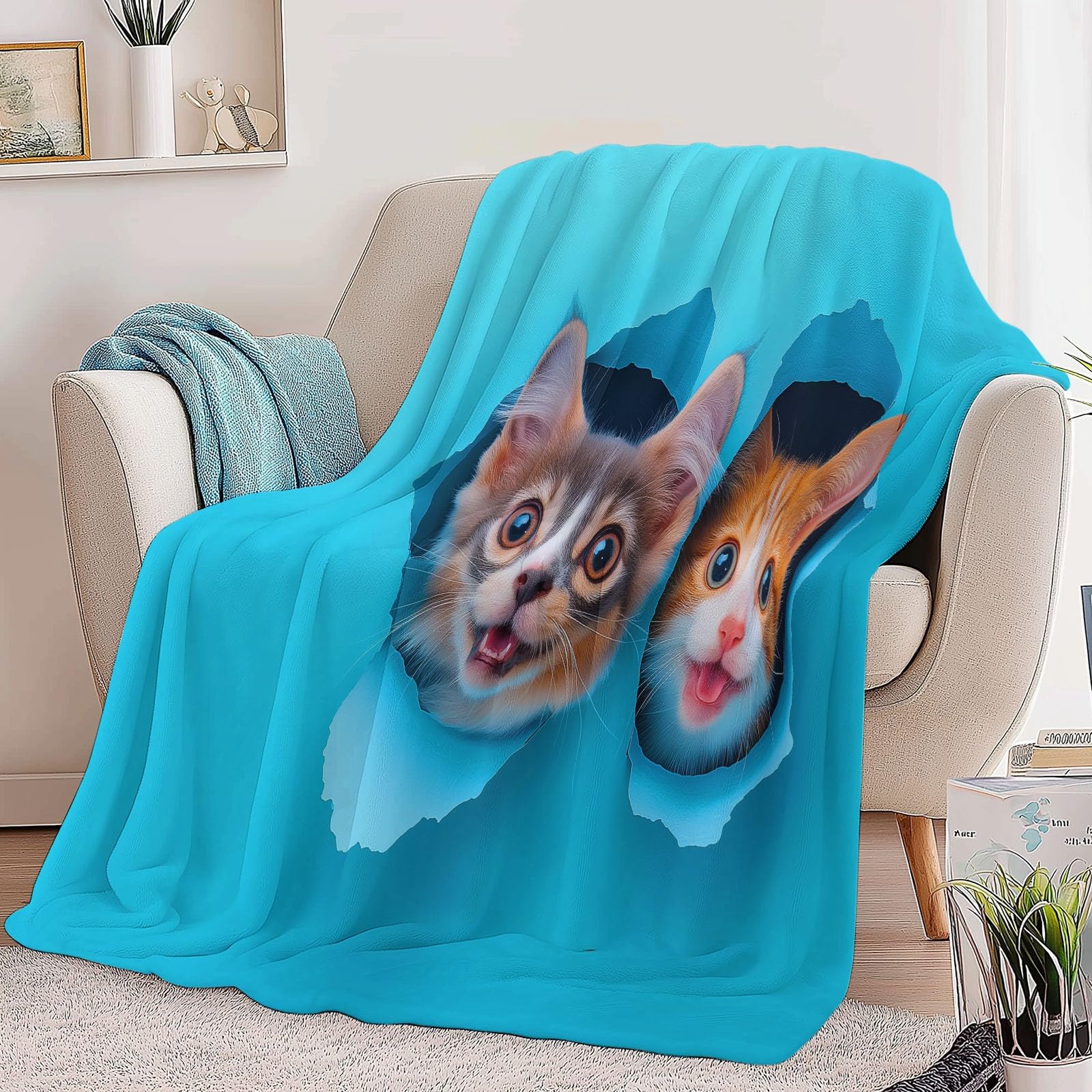 Koc polarowy z mikrofibry 220 x 240 cm, zwierzęta koty i psy dla graczy 3D, miękki nadruk, pluszowy koc, odpowiedni dla dorosłych i dzieci, kemping, niebieski