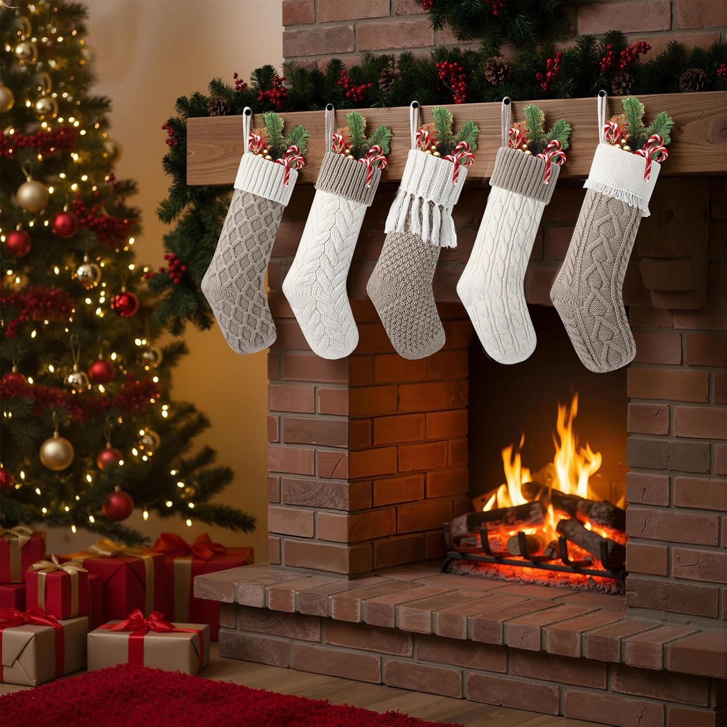 6 Pcs Christmas Stockings 18" Cable Knit Neutral Stockings Rustic Farmhouse Fireplace Xmas Decor Handmade Boho Knit Socks for Mantel Tree Wall Holiday Decorations(Ivory and Linen) - Image 5