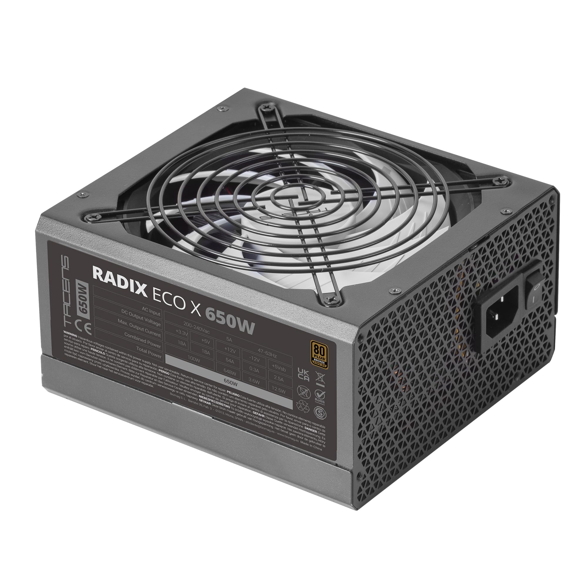 Tacens Radix ECO X 650 Alimentation ATX 650W, 80 Plus Bronze, Noir | Garantie 6 Ans, Ventilateur 140mm FDB, Certifié 80Plus Bronze, Efficacité Énergétique 86 %, SMD et DC-DC