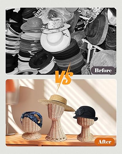 Miniatura 8 de CHADWICK Soporte de cabeza de maniquí de ratán, soporte para sombreros y pelucas, escaparate de mimbre hecho a mano, estante para gorra rústica,