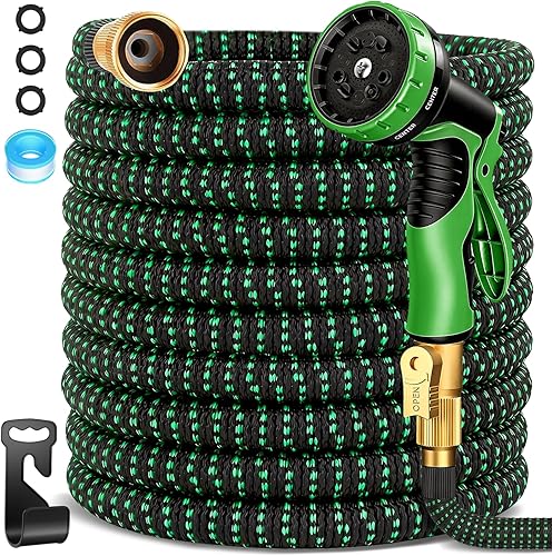 100 ft Expandable Garden Hose, Lightweight Expanding Water Hose with 10 Function Nozzle, 3/4" Solid Brass Fittings, 5-Layer Latex Core, No-Kink Flexible Retractable Hose for Patio, RV, Car Washing