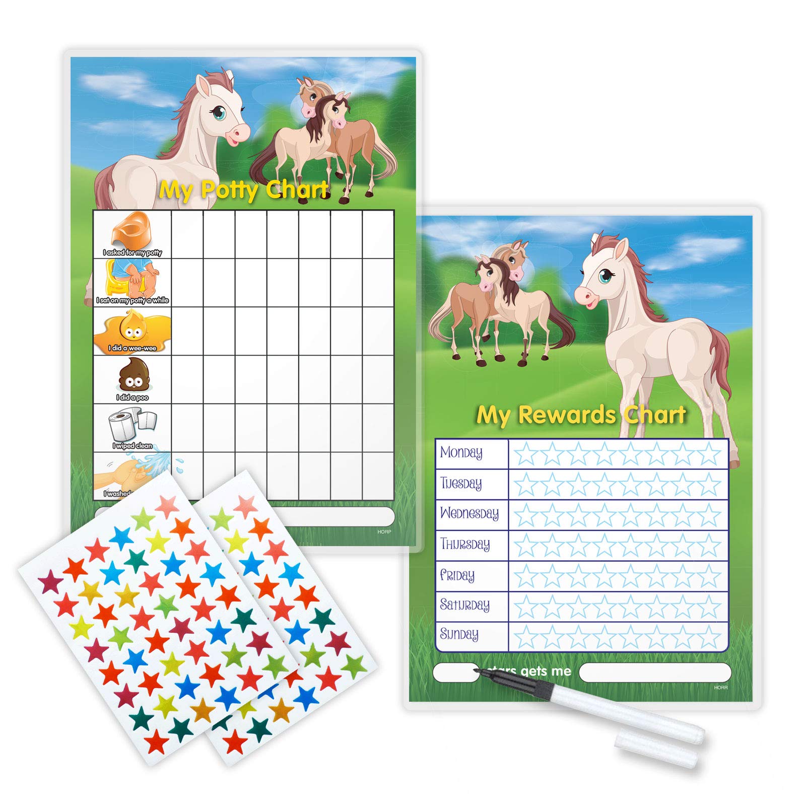 Funky Monkey House Horses Reward and Potty Chart TWIN PACK (including FREE Star Stickers and Pen)