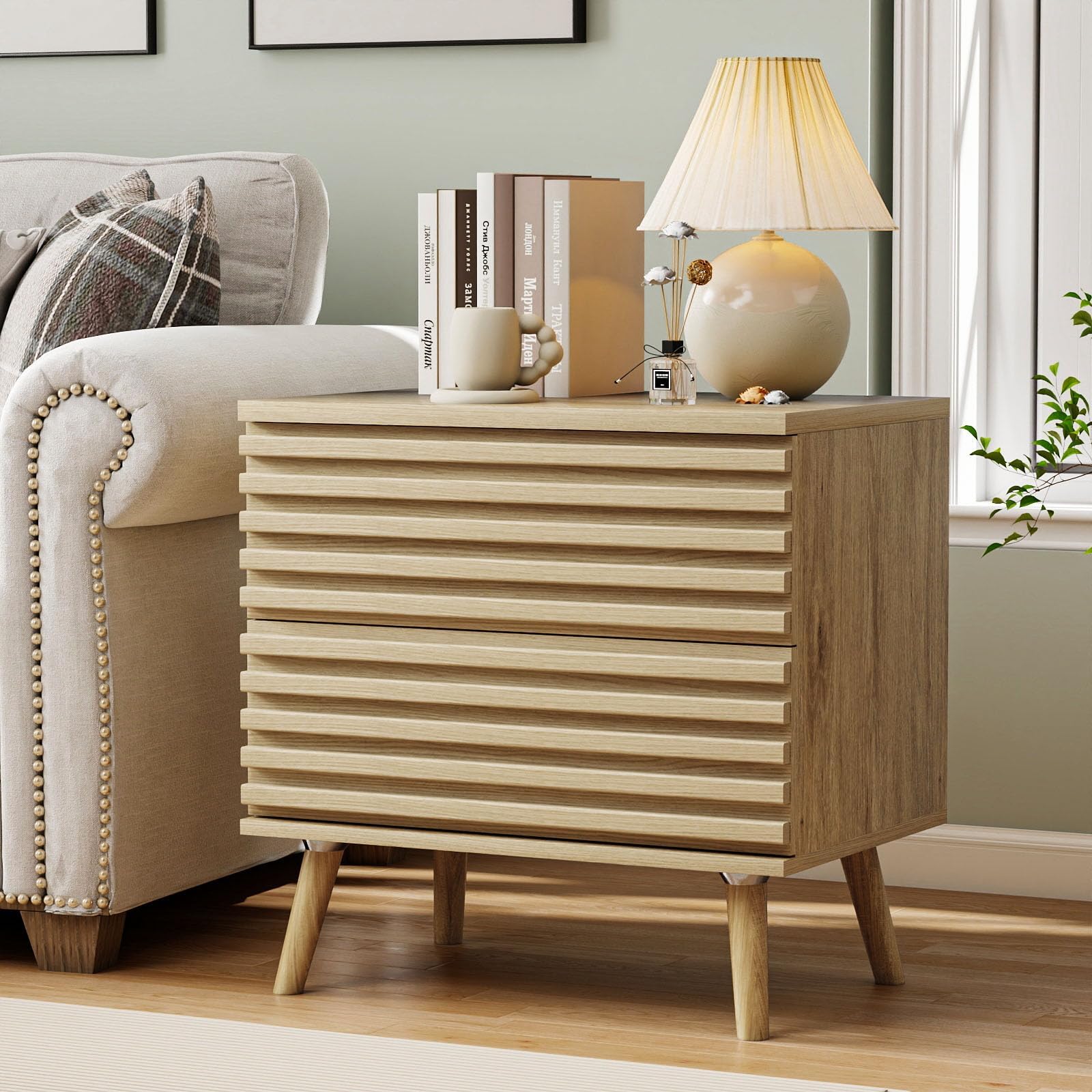 BREEZEHEAT Fluted Nightstand with Drawers-23 Wide End Table, Modern Wooden Bedside Table with 2 Large Drawers, Solid Wood Legs, Night Stand for Bedroom, Natural Oak