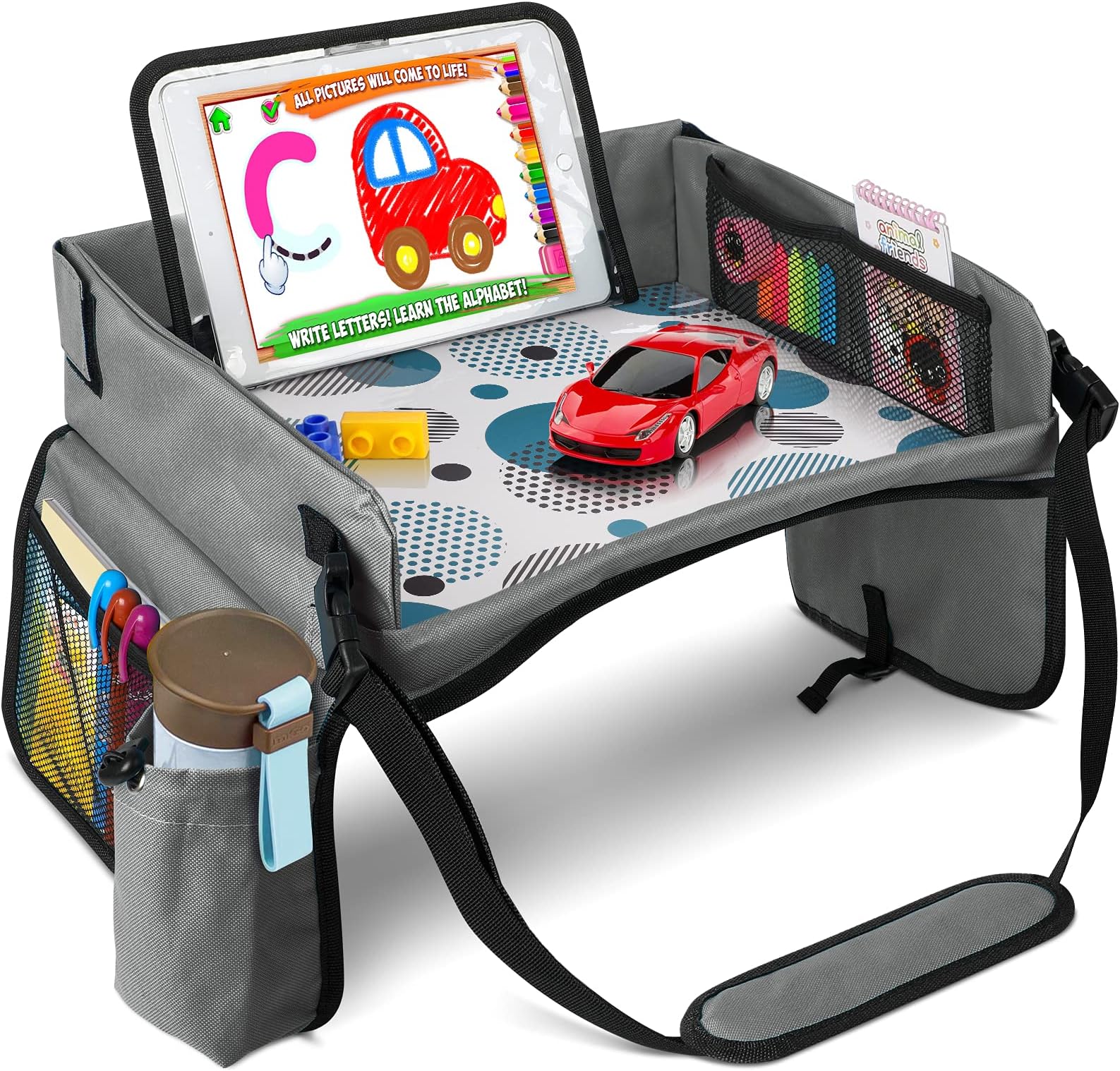 [New Version] Car Seat Organizer Kids Travel Tray for Kids Toddlers Activities in Car Seat, Stroller, Airplane | Touch Screen iPad Holder | Waterproof Dry Erase Top | Side Pocket & Water Bottle Holder