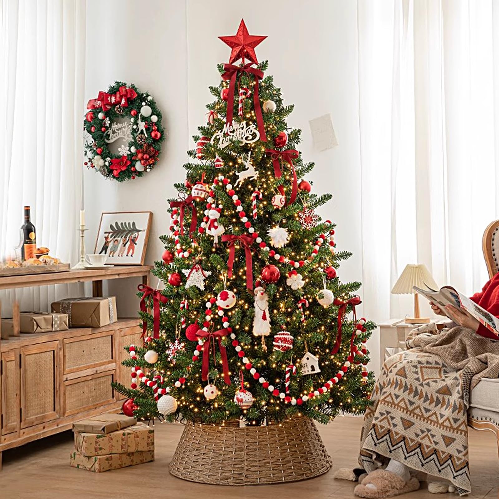 Albero di Natale, Christmas Tree In PVC, 120 Punte di Rami, con Recinzioni per Alberi e Decorazioni Natalizie, Alberi di Natale per Casa e Ufficio(Red,150cm)