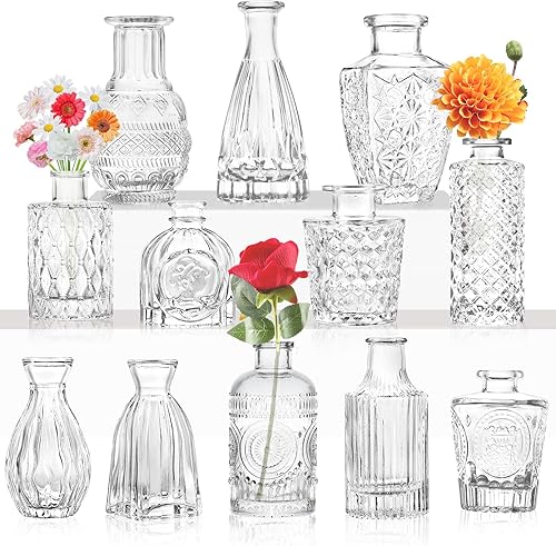 Jarrón de cristal  Jarrones pequeños para flores, jarrones transparentes a granel, para centros de mesa, mini jarrón vintage para decoración de mesa
