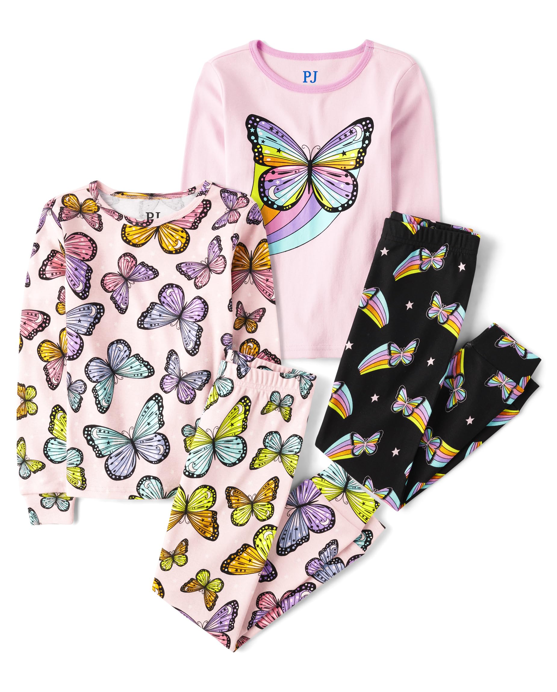 The Children's Place Girls' Long Sleeve Top and Pants Snug Fit 100% Cotton 4 Piece Pajama Set