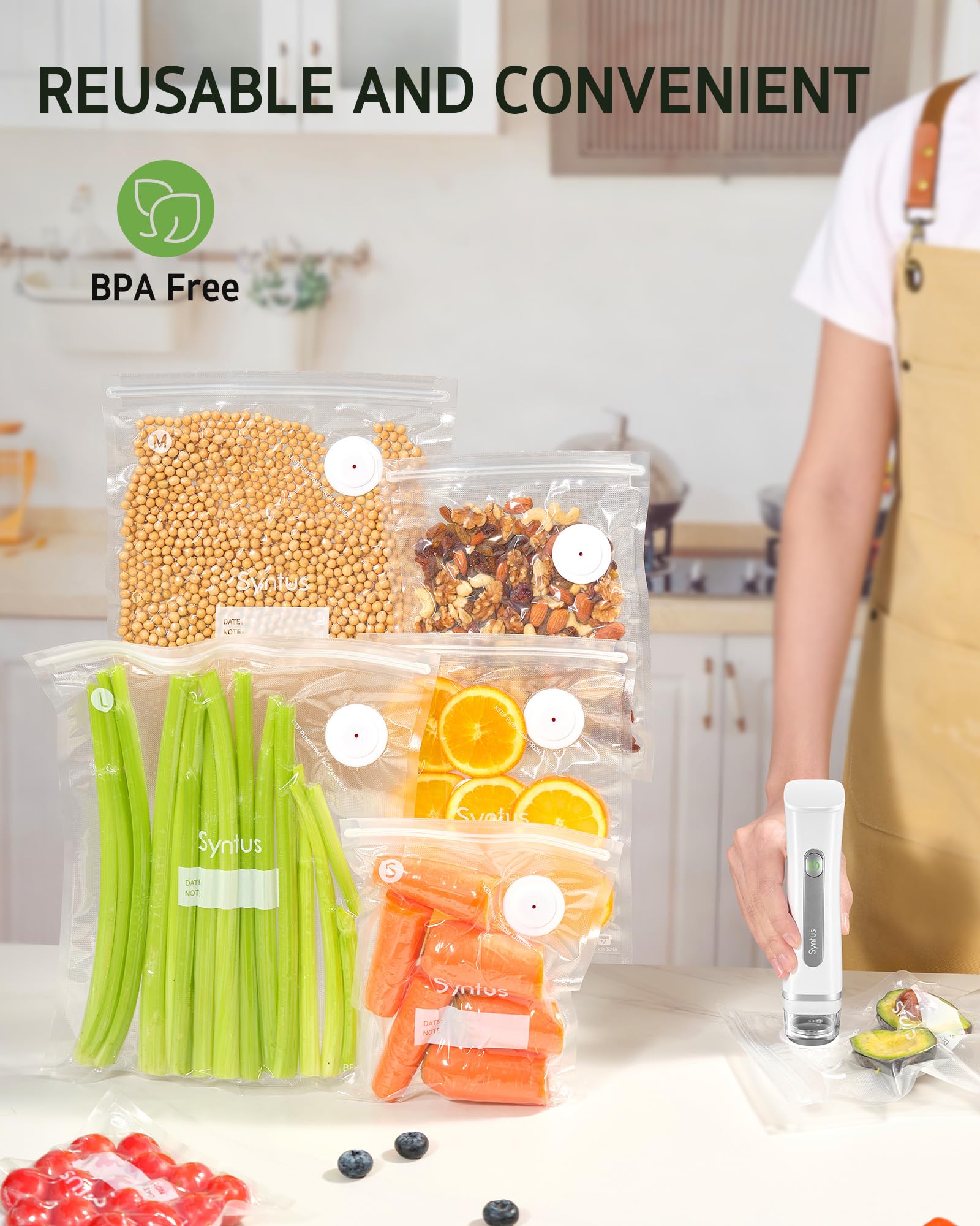 Syntus Bolsas selladoras al vacío, 60 bolsas de 20.3 cm x 25.4 cm y 25.4 cm x 35.1 cm y 30.0 cm x 35.1 cm, bolsas de almacenamiento de alimentos reutilizables con válvula de aire mejoradas para