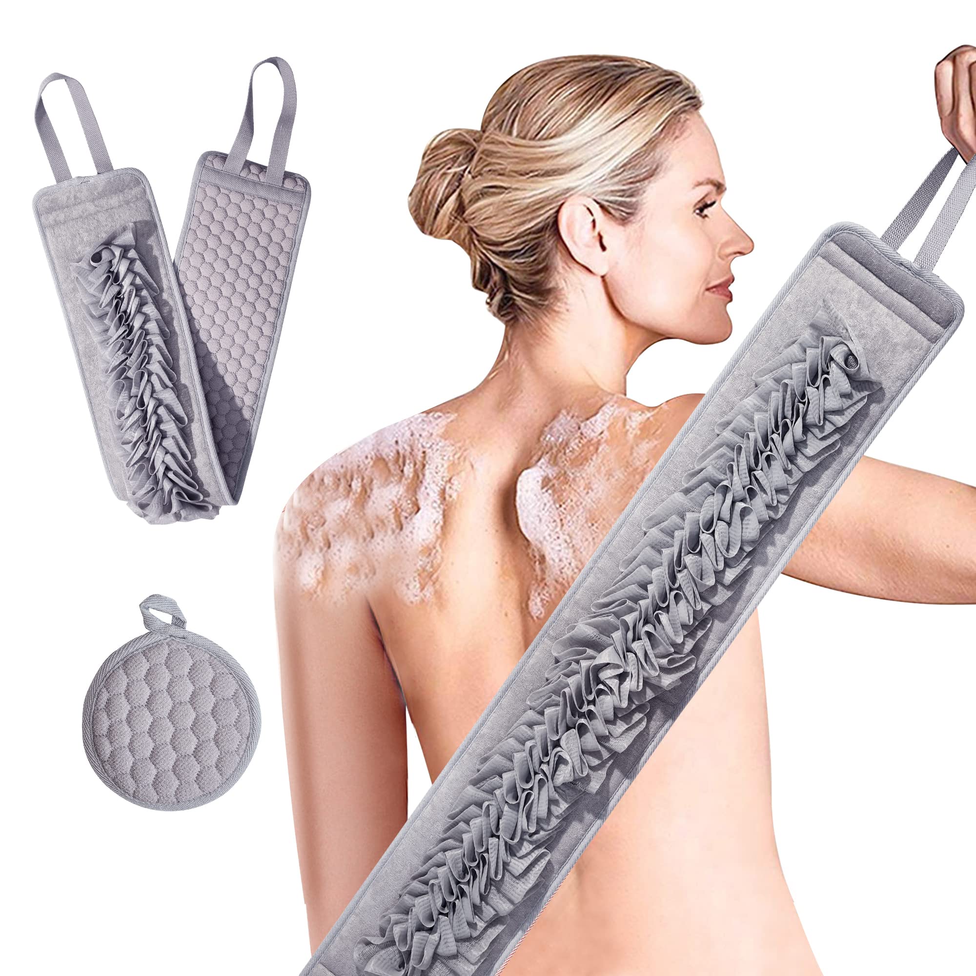 SunteeExfoliating Loofah Back Scrubber & Sponge Pad Set for Shower, Double-Sided Body Exfoliator Bath Shower Scrubber for Women Men, Luffa Scrubber to Deep Clean Relax Your Body (36.5 x 3.5 inch)