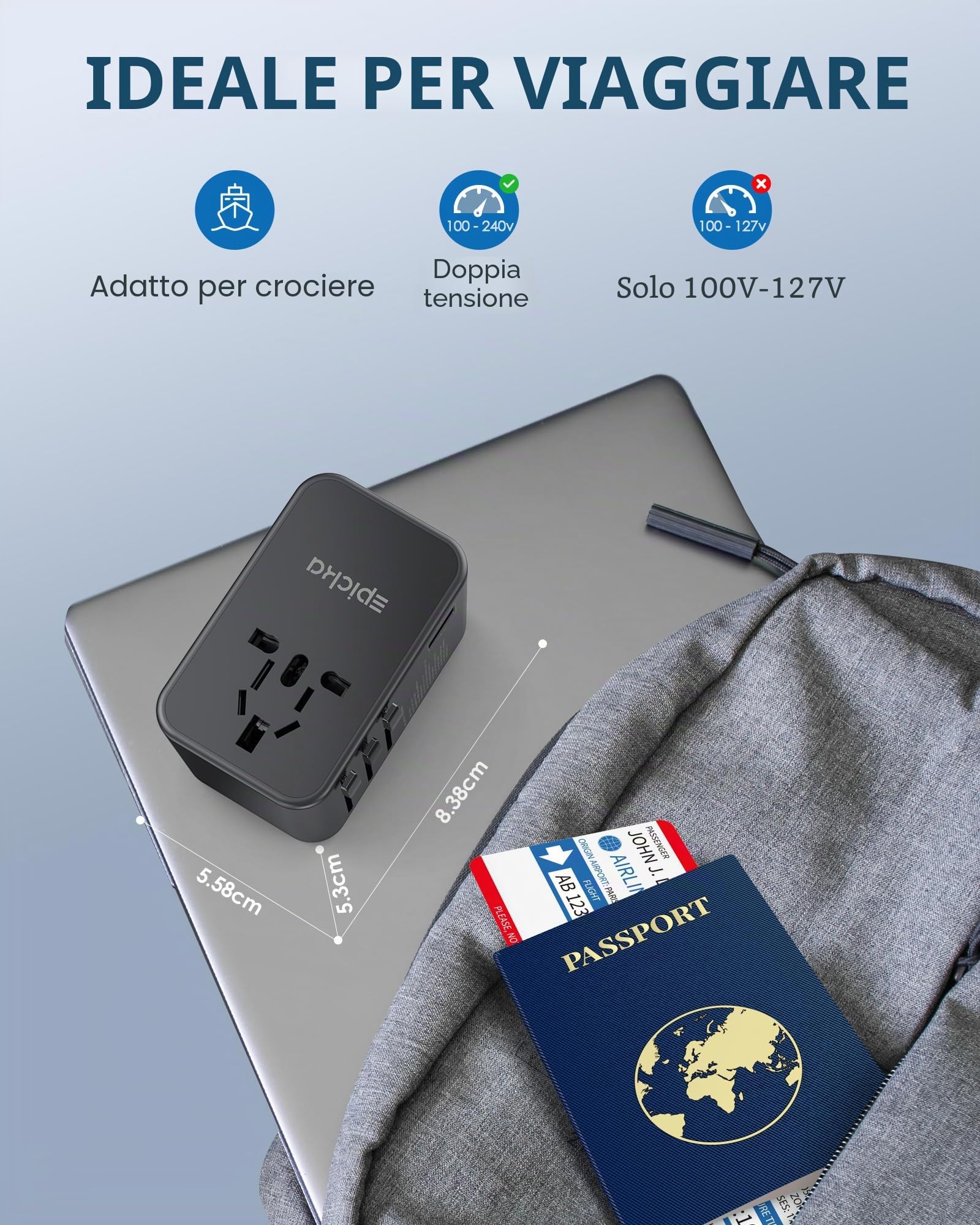 EPICKA GaN Adattatore Universale da Viaggio, PD 75W Adattatore da Viaggio con 3 USB-C, 2 USB-A, Adattatore Presa internazionale per Giappone, America,Thailandia,Australia, UK DE, TA-105 Max