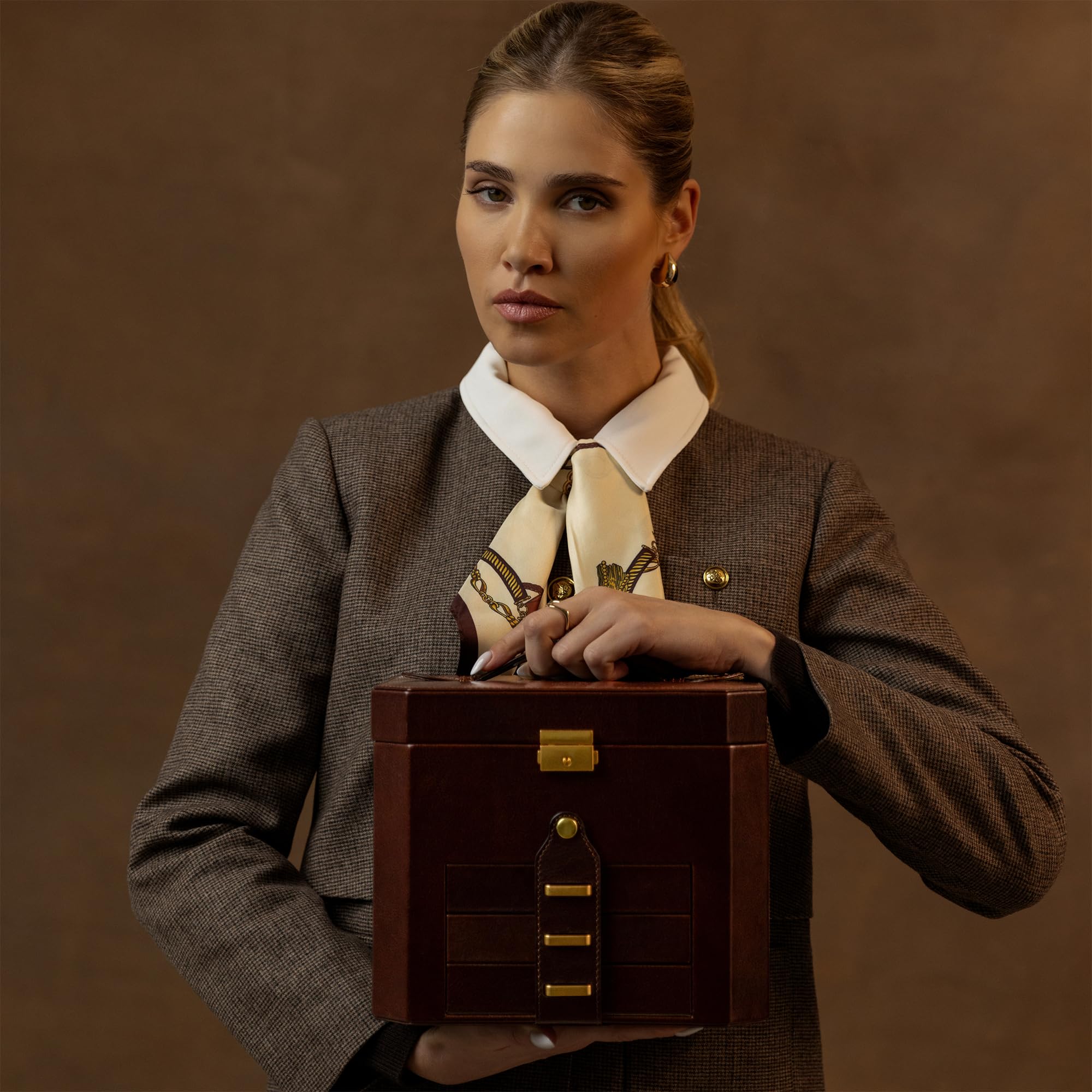 Time Resistance Joyero de Cuero - Organizador de Joyería de Cuero de Grano Completo - Caja de Almacenamiento con Bloqueo de Llave para Mujer